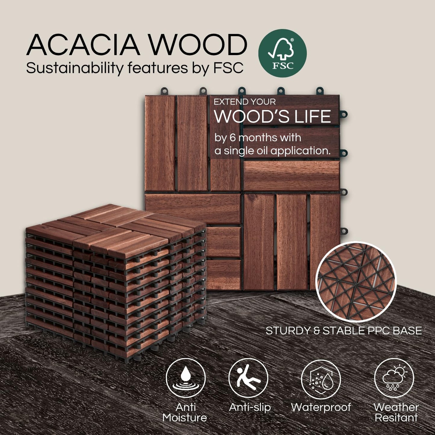Set 10 Premium Deck Tiles, Interlocking Deck Tile, Wooden Patio Flooring Outdoor Waterproof, Acacia Wood Decking All Weather for Balcony Indoor and Outdoor Use (Dark Brown, Round Joints)