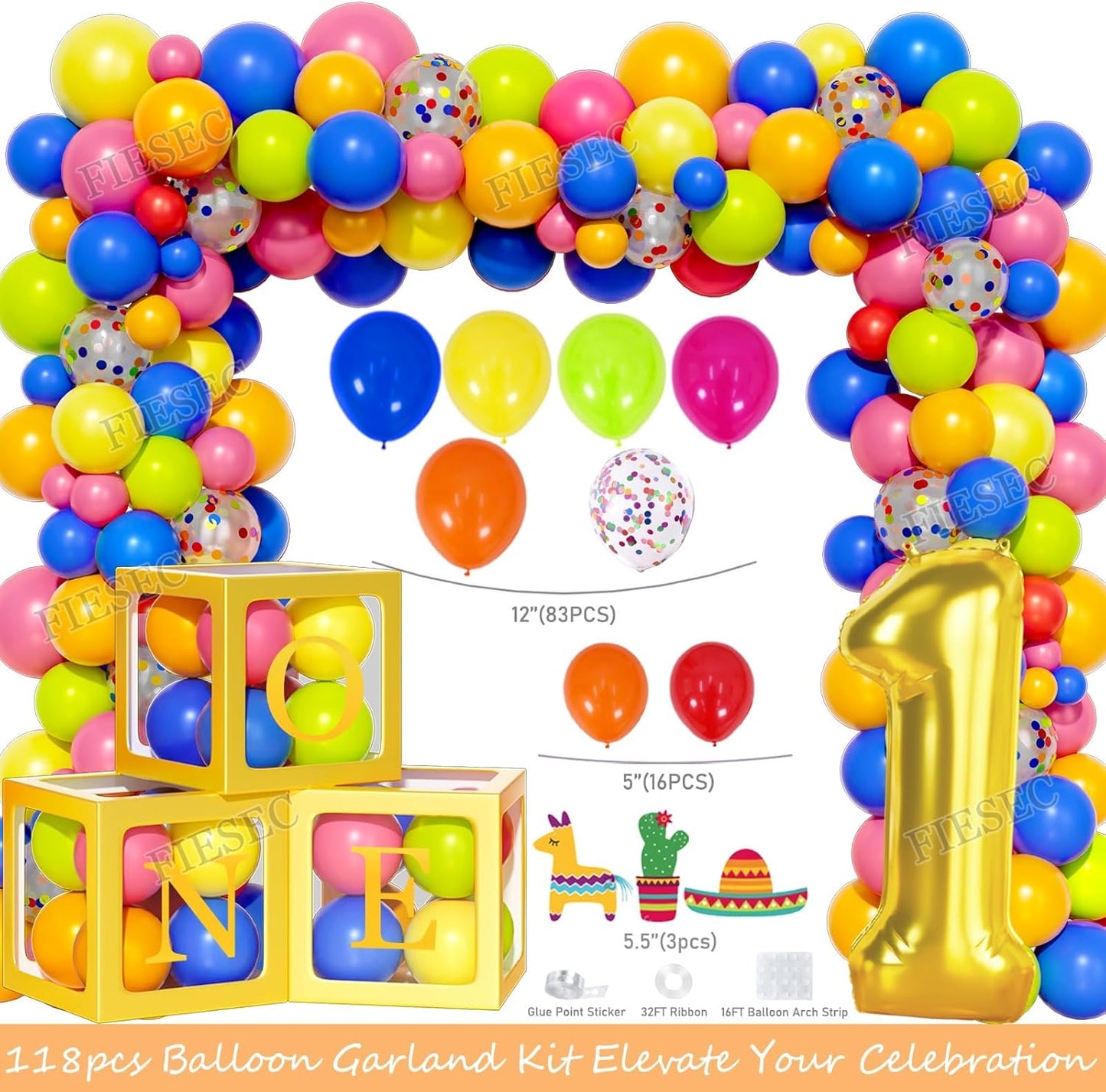 First Fiesta Birthday Decorations, Mexican Themed 1st Birthday Party Decorations, Cinco De Mayo Backdrop Balloon Garland Monthly Photo Uno Highchair Banner Box Cake Topper Crown Poster