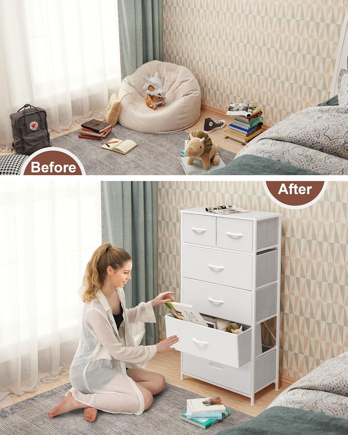 Crestlive Products Tall Dresser for Bedroom Vertical Skinny Dresser - Sturdy Steel Frame, Wood Top, Easy Pull Fabric Bins- Organizer Unit for Bedroom, Entryway, Closets - 6 Drawers (White)