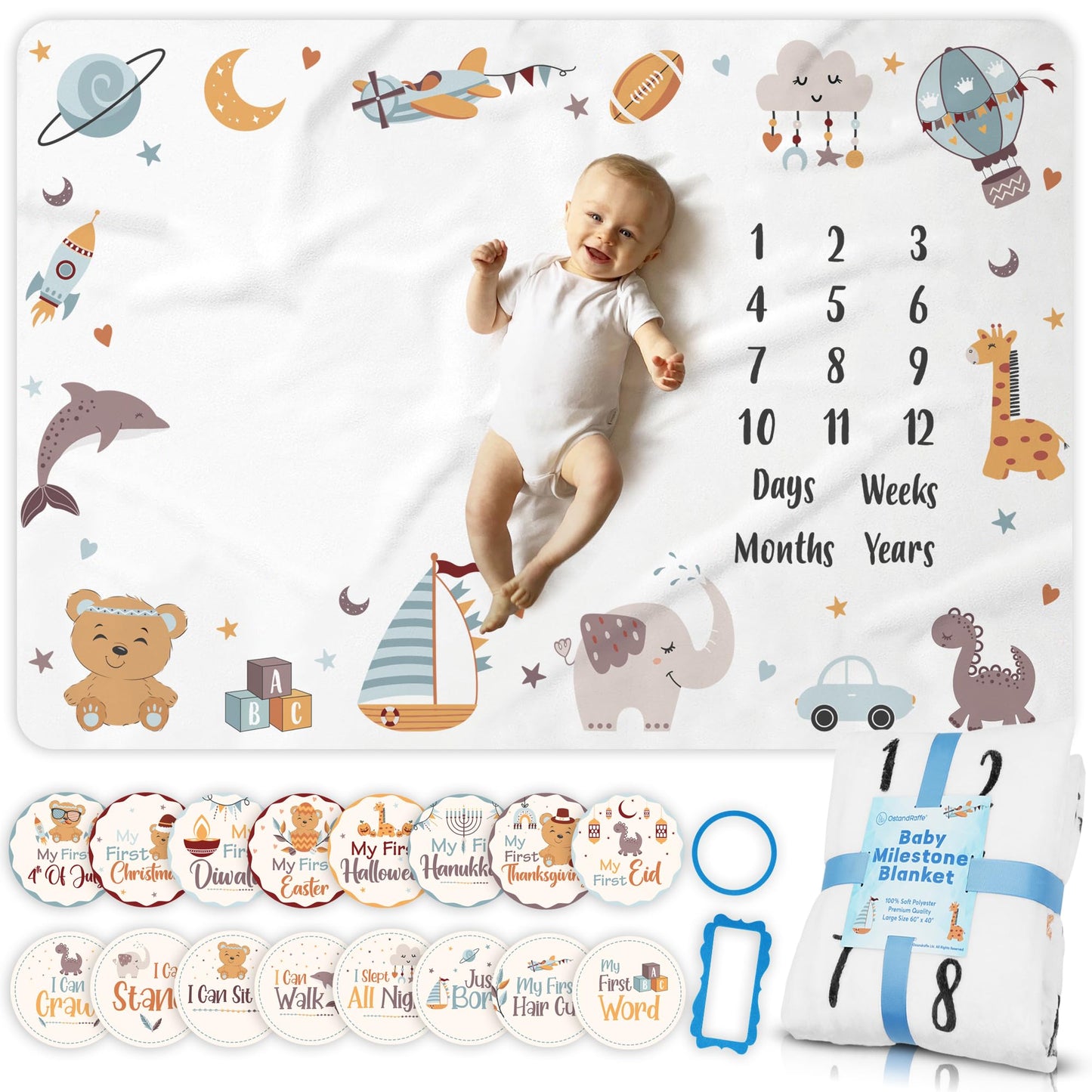 OSTANDRAFFE Monthly Milestone Blanket for Baby, Premium Soft Fleece Blanket, First 12 Months Growth Chart, Large Size 60" x 40", 16 Milestone Stickers