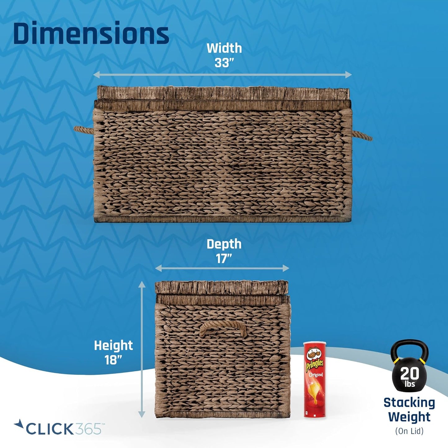 NEW - Click365 Storage Trunk, Farmhouse Style, Extra Large, Deep, Woven Wicker Chest With Metal Frame, 2 Handles, Flip Top Lid and Stay Open Safety Hinges, Sustainable Eco Material, Rustic Brown - Retail $138