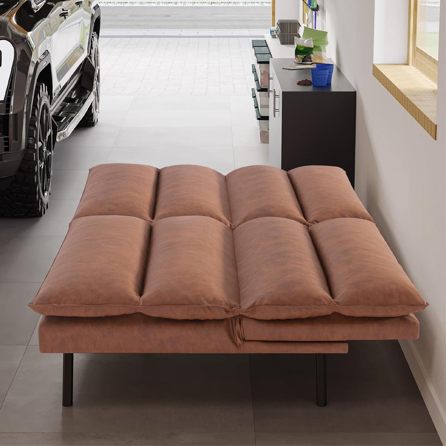 NEW - Memory Foam Futon Sofa Bed, Convertible Futon Sofa Couch with Adjustable Backrest, Modern Sleeper Couch Bed for Office, Living Room, Bedroom and Sitting Room, Brown - Retail $239
