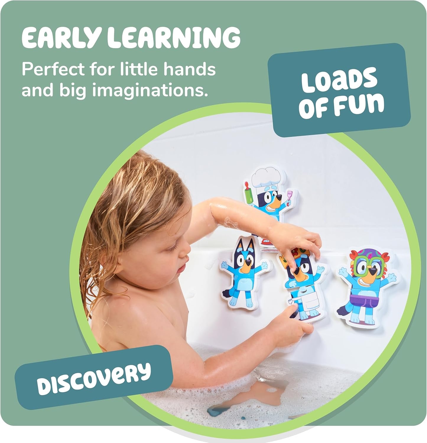 Tomy Toomies Bluey Bath Puzzle - Mix and Match Bluey Puzzle - Foam Toddler Bath Toys - Includes Mesh Bag Bath Toy Storage with Suction Cups - 8 Count - 18 Months and Up