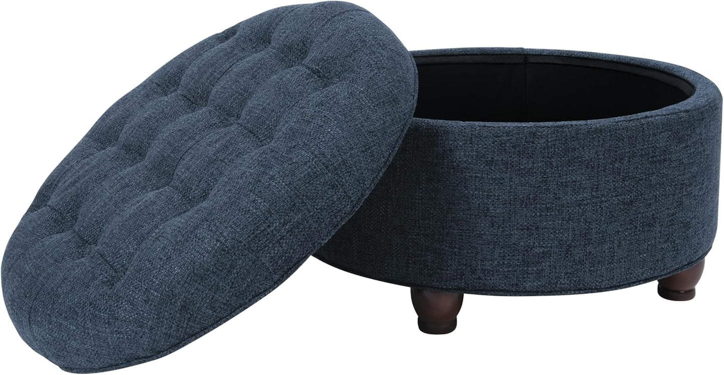 Homepop Home Decor | Large Button Tufted Woven Round Storage Ottoman for Living Room & Bedroom (Navy Woven) 25 inch D x 25 inch W x 15 inch H - Retail $142