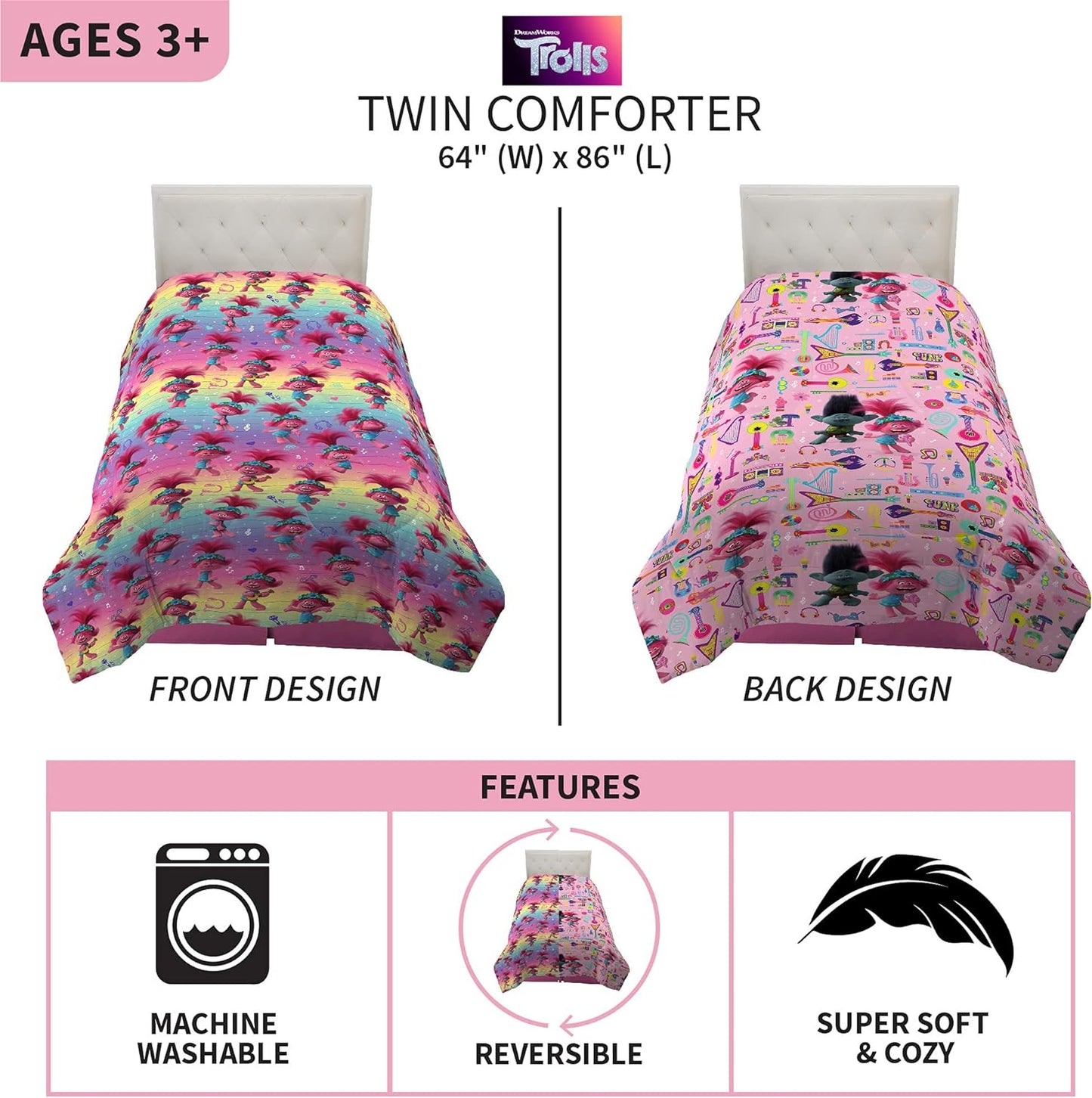 NEW Franco Kids Bedding Soft Microfiber Comforter, Twin, Trolls World Tour - Retail $51