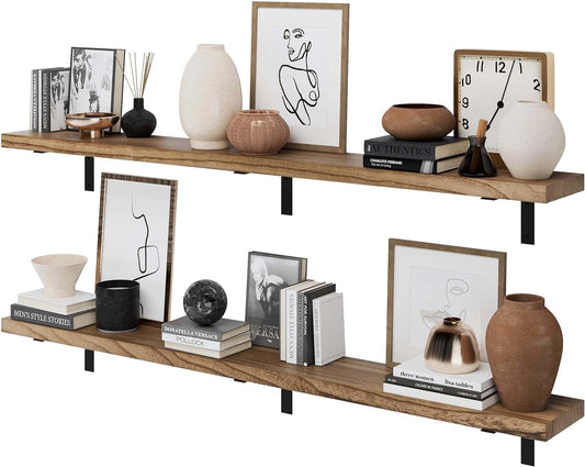 NEW - Wallniture Cervo 72"x9.5" Floating Shelves for Wall, Living Room Wall Book Shelf, Floating Shelf with Metal Heavy Duty Brackets, Wall Shelf for Kitchen, Wood Wall Shelves, Burnt Set of 2 - Retail $159