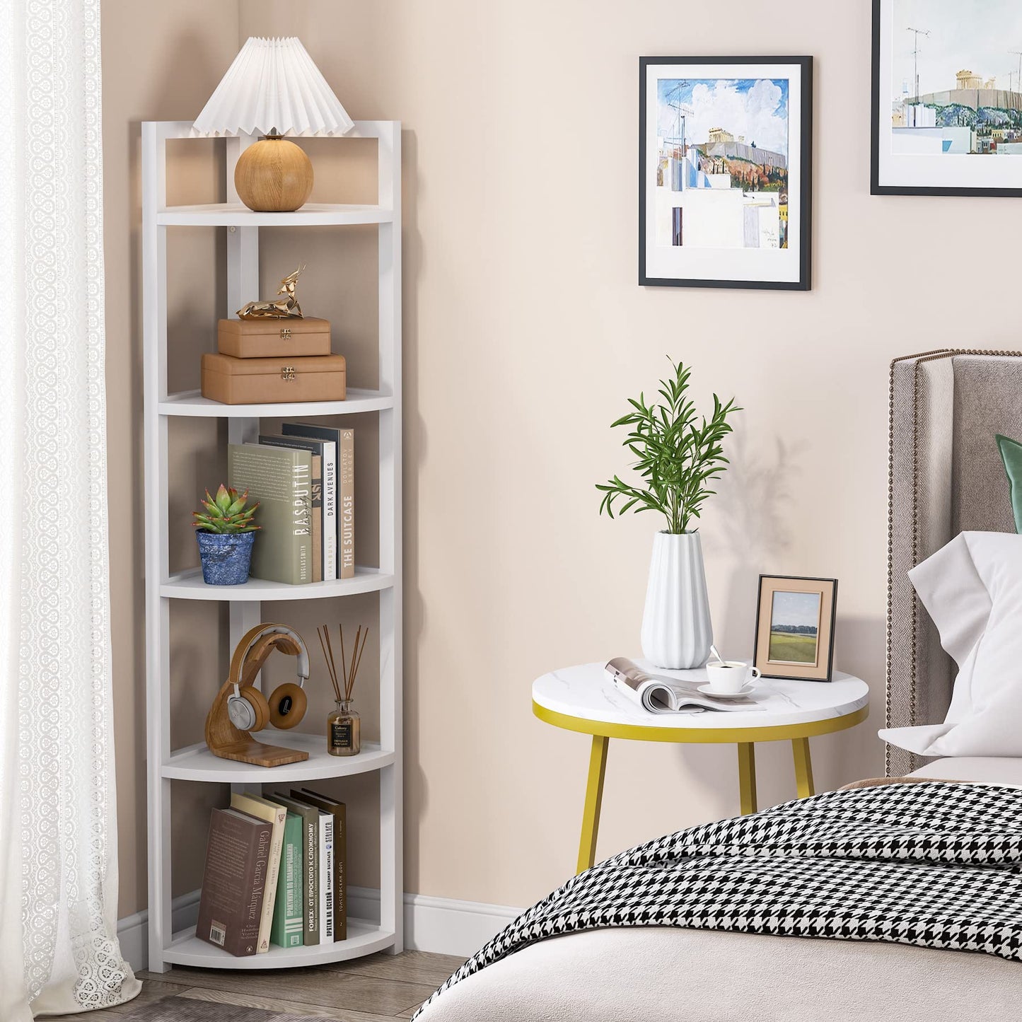Tribesigns 5 Tier Corner Shelf, Modern Corner Bookshelf Small Bookcase Storage Rack Plant Stand for Living Room, Home Office, Kitchen, Small Space (White)