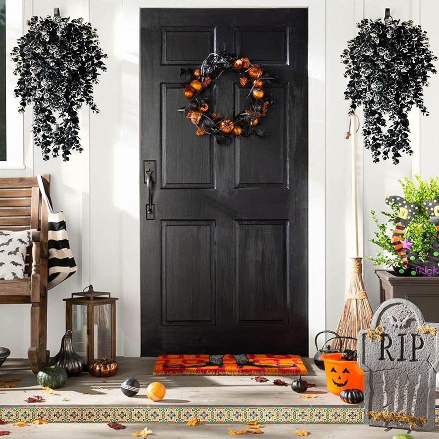 Vine Plant Fake 4 Pcs Ferns Artificial Plants Large Faux Hanging Plant Artificial Hanging Plants Wall Plants Fake Ivy Room Decor Home Garden Wedding Party Indoor Outdoor Decorations(Black White)