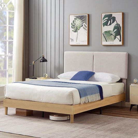 NEW - VECELO QUEEN Bed Frame Upholstered Platform Beds with Height-Adjustable Cotton and Linen Headboard, Heavy Duty Wood Slats, 6" Under-Bed Space, Noise-Free, No Box Spring Needed,Easy Assembly