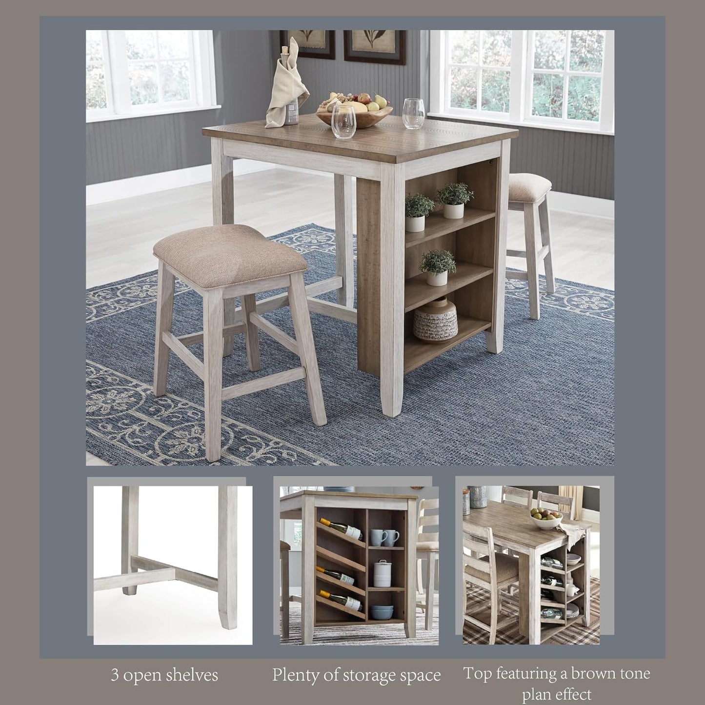 NEW - Signature Design by Ashley Skempton 3 Piece Counter Height Dining Set, Includes Table and 2 Barstools, Whitewash - Retail $349