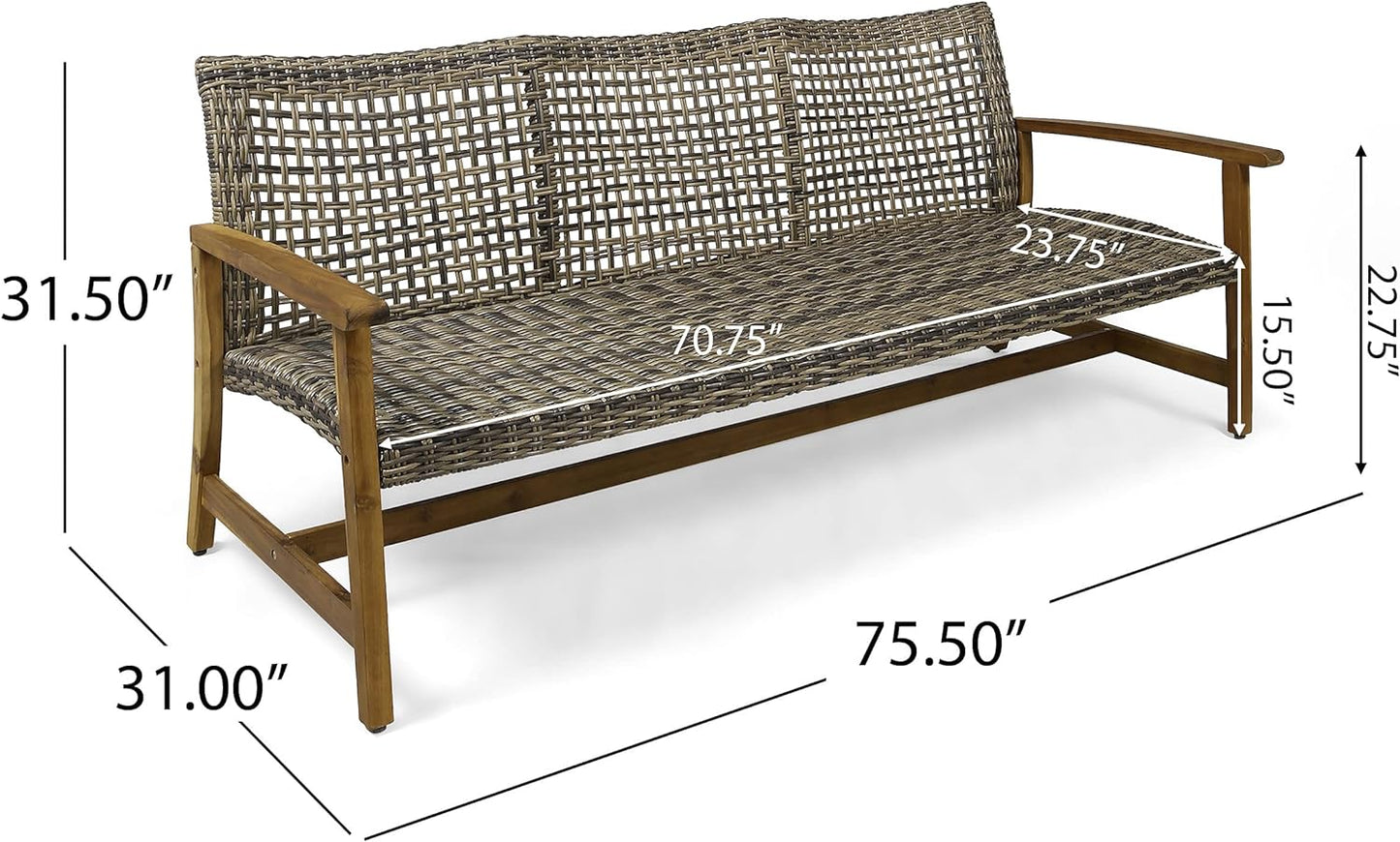 NEW - Christopher Knight Home Marcia Outdoor Wood Sofa, Wicker, 75.50 x 31.00 x 31.50, Gray, Natural Stained Finish