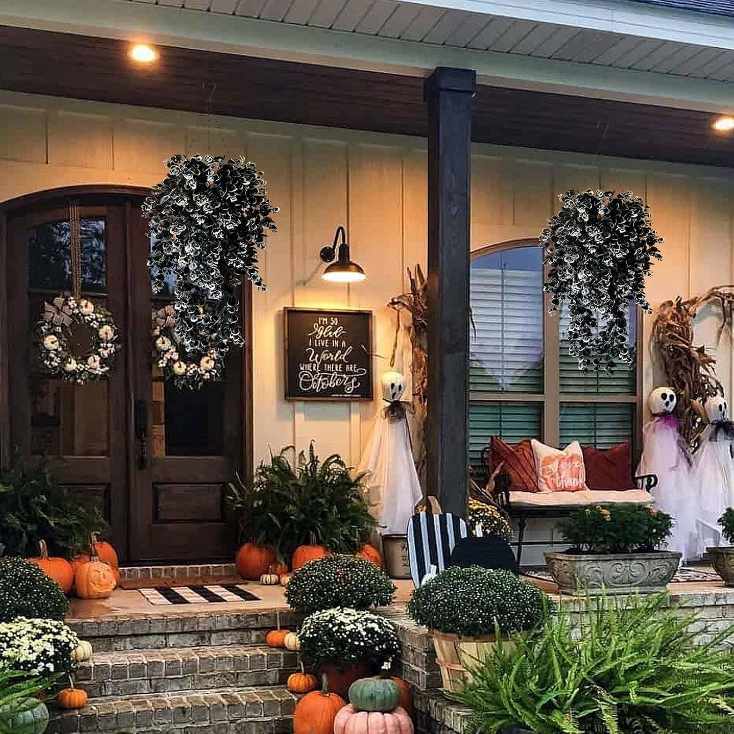 Vine Plant Fake 4 Pcs Ferns Artificial Plants Large Faux Hanging Plant Artificial Hanging Plants Wall Plants Fake Ivy Room Decor Home Garden Wedding Party Indoor Outdoor Decorations(Black White)