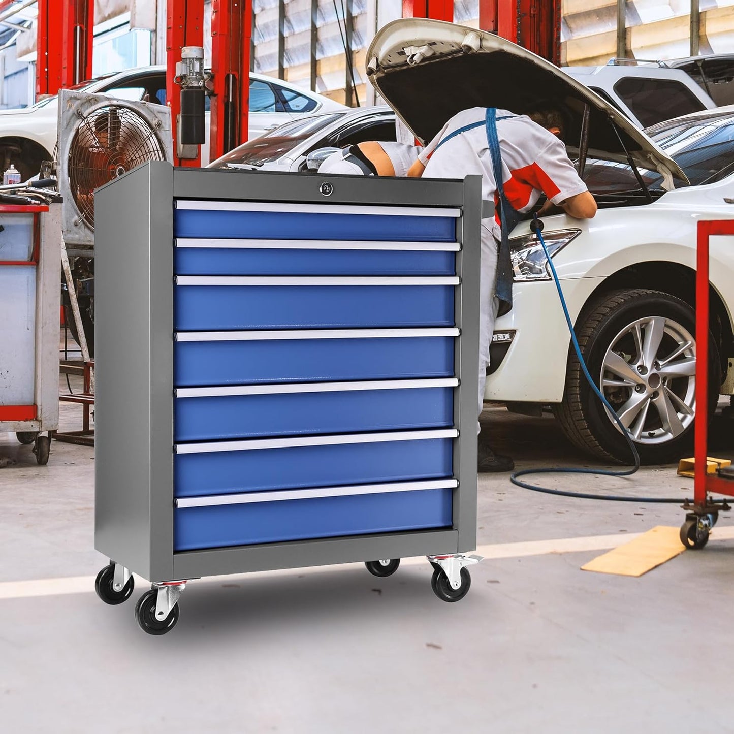 NEW - 7-Drawer Tool Chest with Wheels, Rolling Tool Chest with Drawers, Top Cushion & 7PCS Tray Divider Set, Multifunctional Craftsman Tool Storage Chest for Garage, Warehouse, Workshop, Repair Shop,Blue - Retail $209