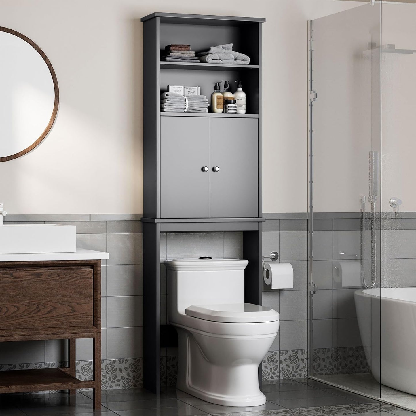 Shintenchi Over The Toilet Storage Cabinet, Bathroom Above The Toilet Rack, Bathroom Adjustable Shelf Organizer with Open Bottom Bar and Anti-Tip Device, Gray