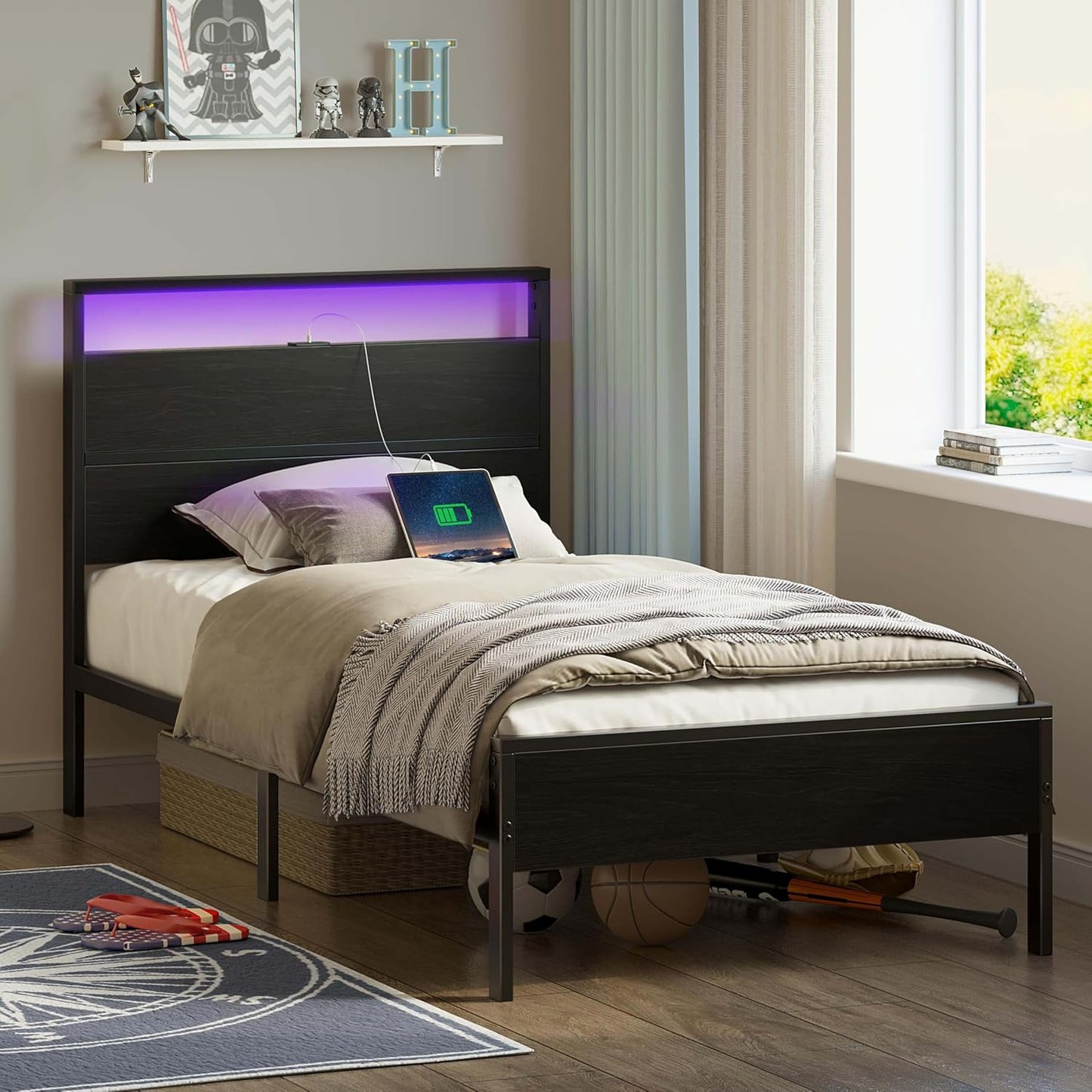 Rolanstar Twin Bed Frames with Headboard, Twin Bed with LED Lights, Camas Twin Size Bed with Charging Station, Solid Metal Slats, Noise Free, No Box Spring Needed, Black