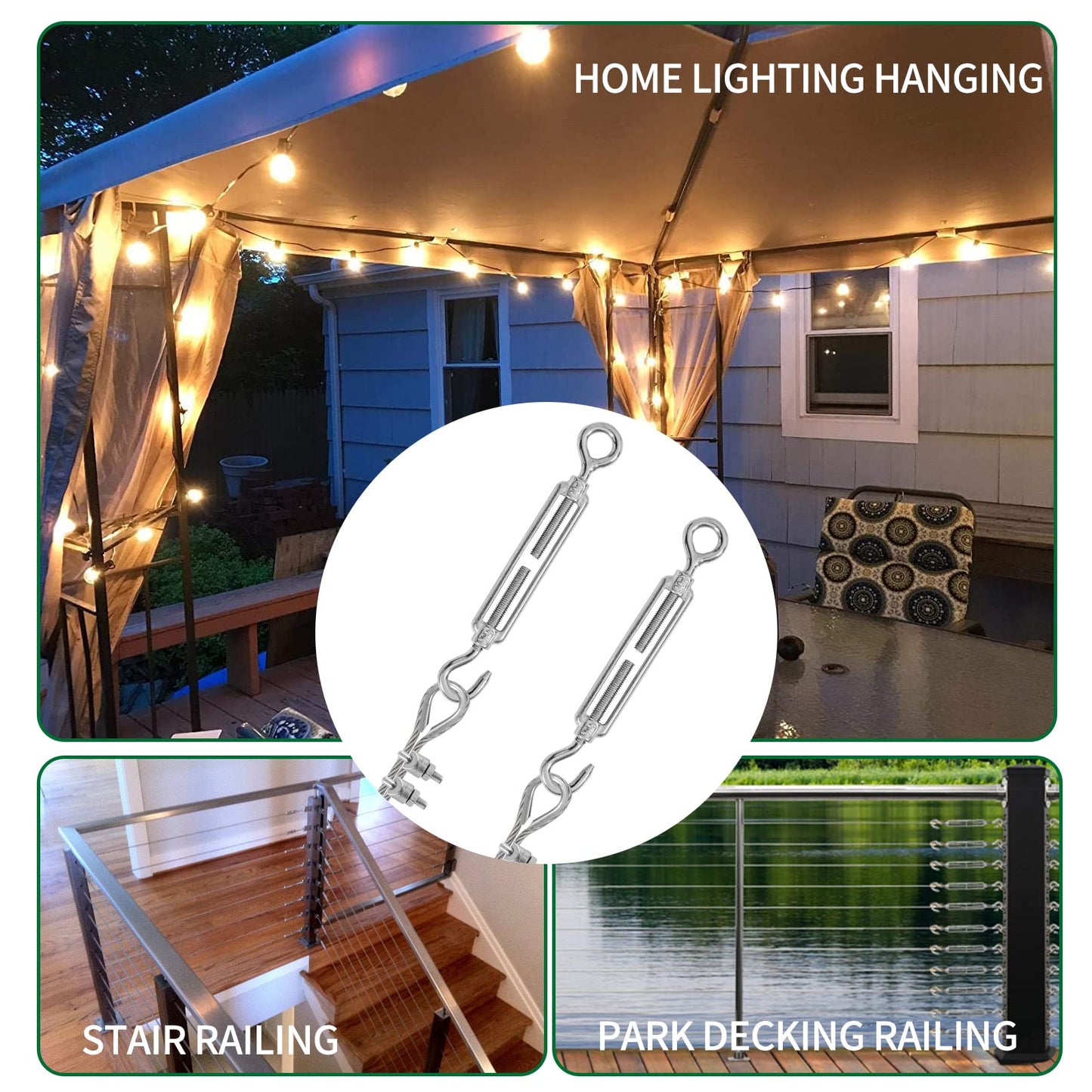 4PCS M6 Hook & Eye Turnbuckle 304 Stainless Steel Turnbuckle Wire Rope Tension, 8PCS M3 Stainless Steel Thimble, 16PCS M3 Wire Rope Clip Clamp, Cable Railing Kit
