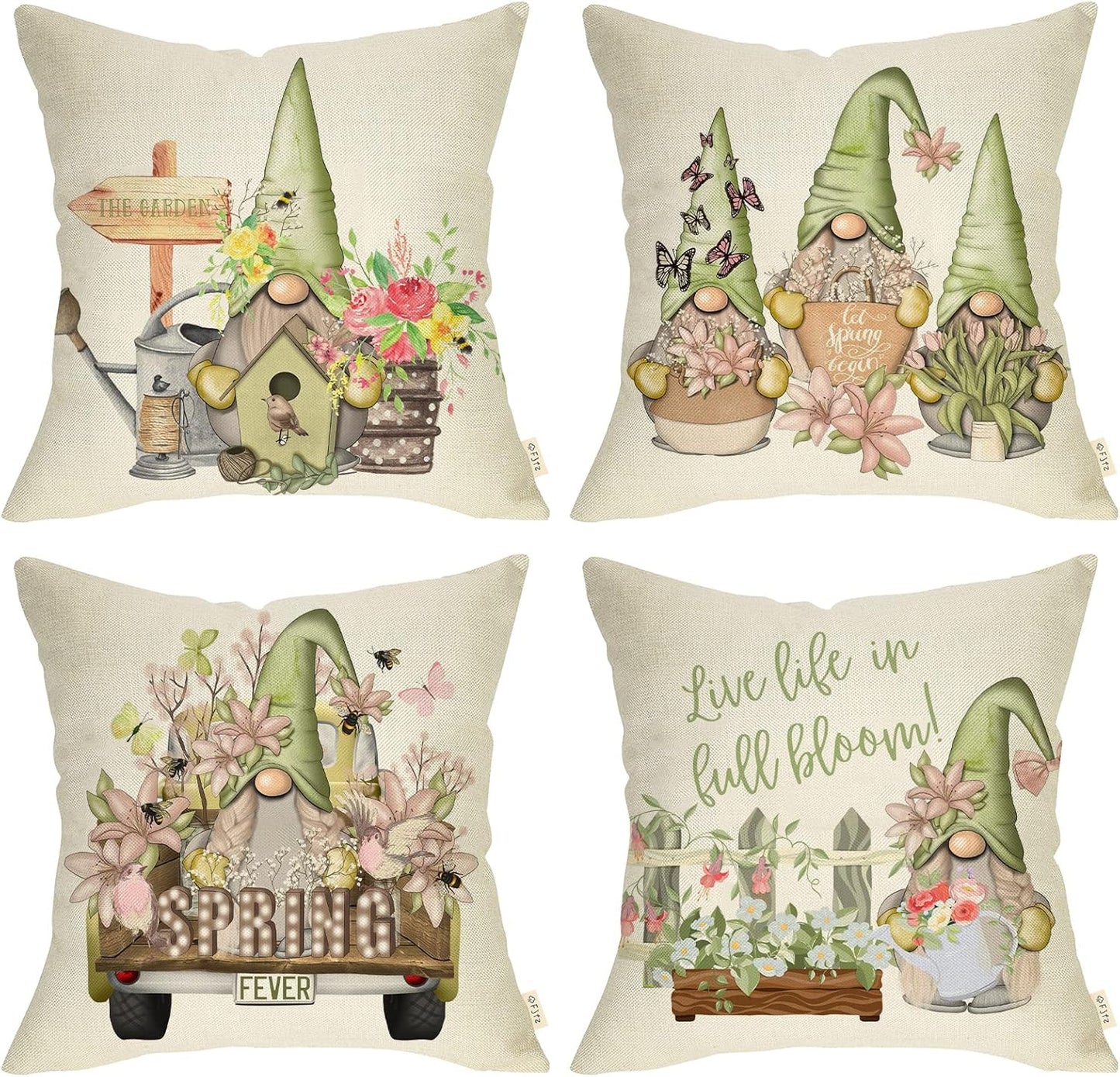 Spring Fever Gardening Gnome Truck Decorative Throw Pillow Cover 20x20 Set of 4, Lily Flowers Bee Bird House Watering Can Home Decors, Butterfly Green Birdhouse Rustic Decoration Floral Farmhouse