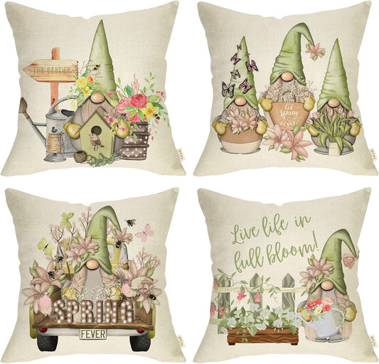 Spring Fever Gardening Gnome Truck Decorative Throw Pillow Cover 20x20 Set of 4, Lily Flowers Bee Bird House Watering Can Home Decors, Butterfly Green Birdhouse Rustic Decoration Floral Farmhouse