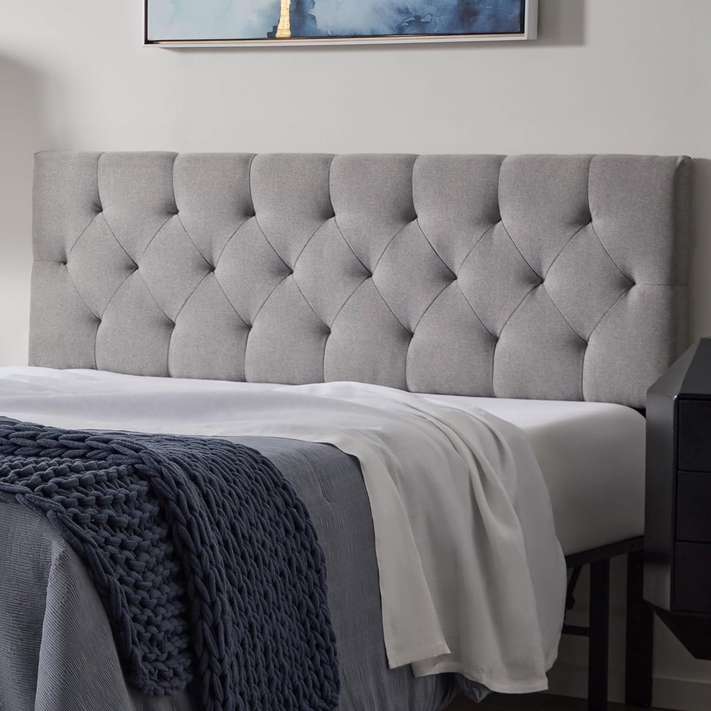NEW - LUCID Mid-Rise QUEEN Upholstered Headboard - Diamond Tufted - Padded Polyester - Adjustable Height from 34 Inch to 46 Inch - Easy Assembly - Bed Frame or Wall Mount - Sturdy - Stone