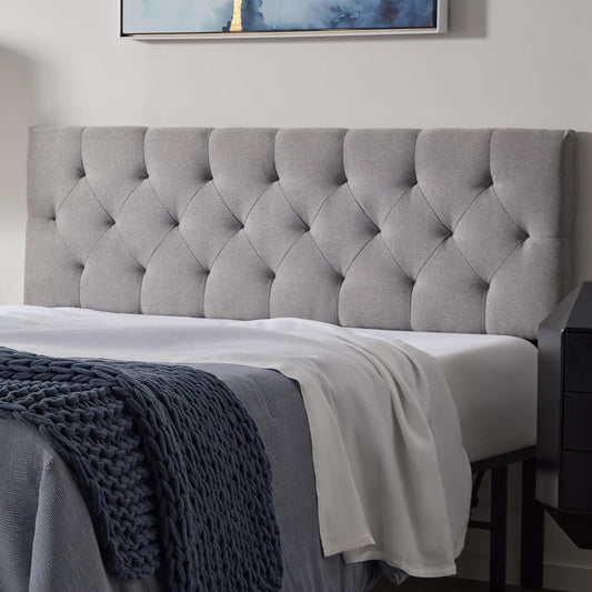 NEW - LUCID Mid-Rise QUEEN Upholstered Headboard - Diamond Tufted - Padded Polyester - Adjustable Height from 34 Inch to 46 Inch - Easy Assembly - Bed Frame or Wall Mount - Sturdy - Stone