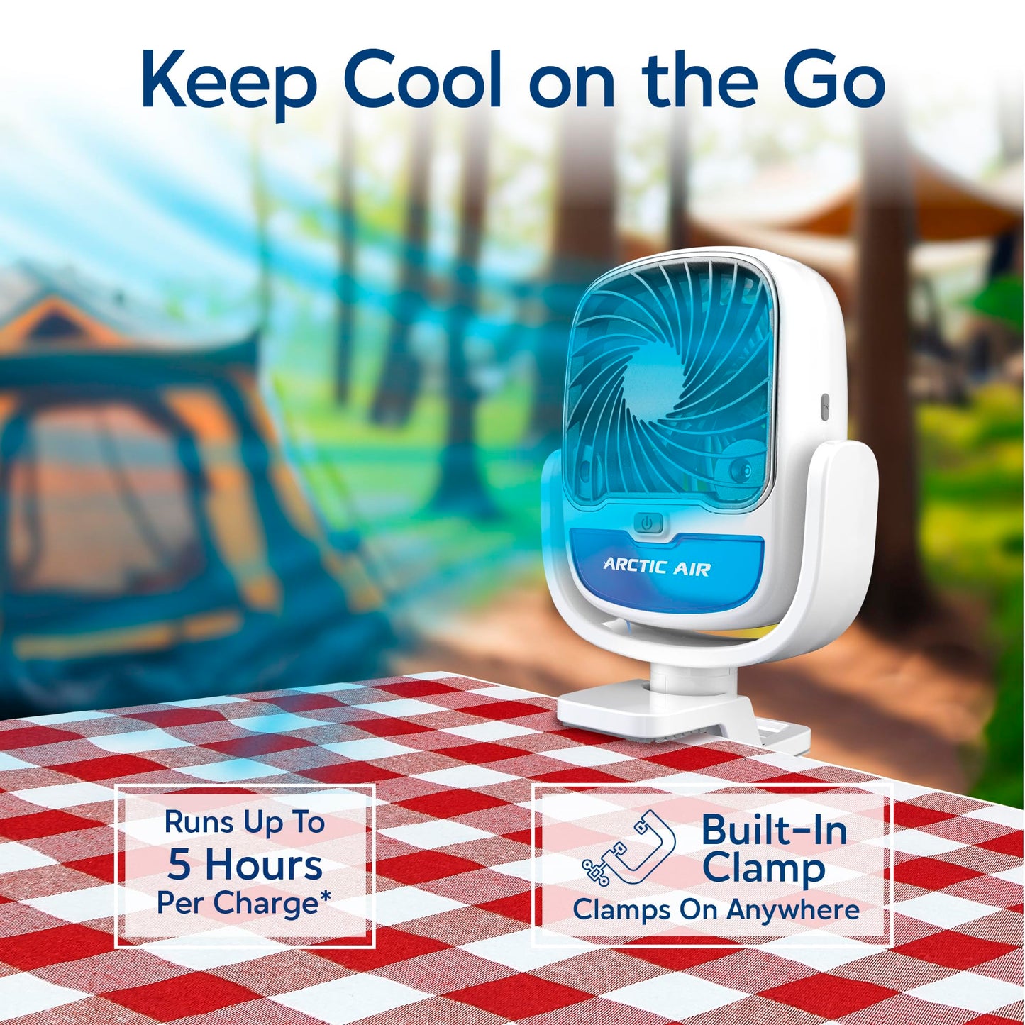Arctic Air Grip Go Evaporative Cooler, Cordless & Portable Fan with 3 Speeds, Universal Clamp 360 Degrees Head Swivel, USB Charging, 5-Hour Battery, Personal for Home, Office, Car More, White