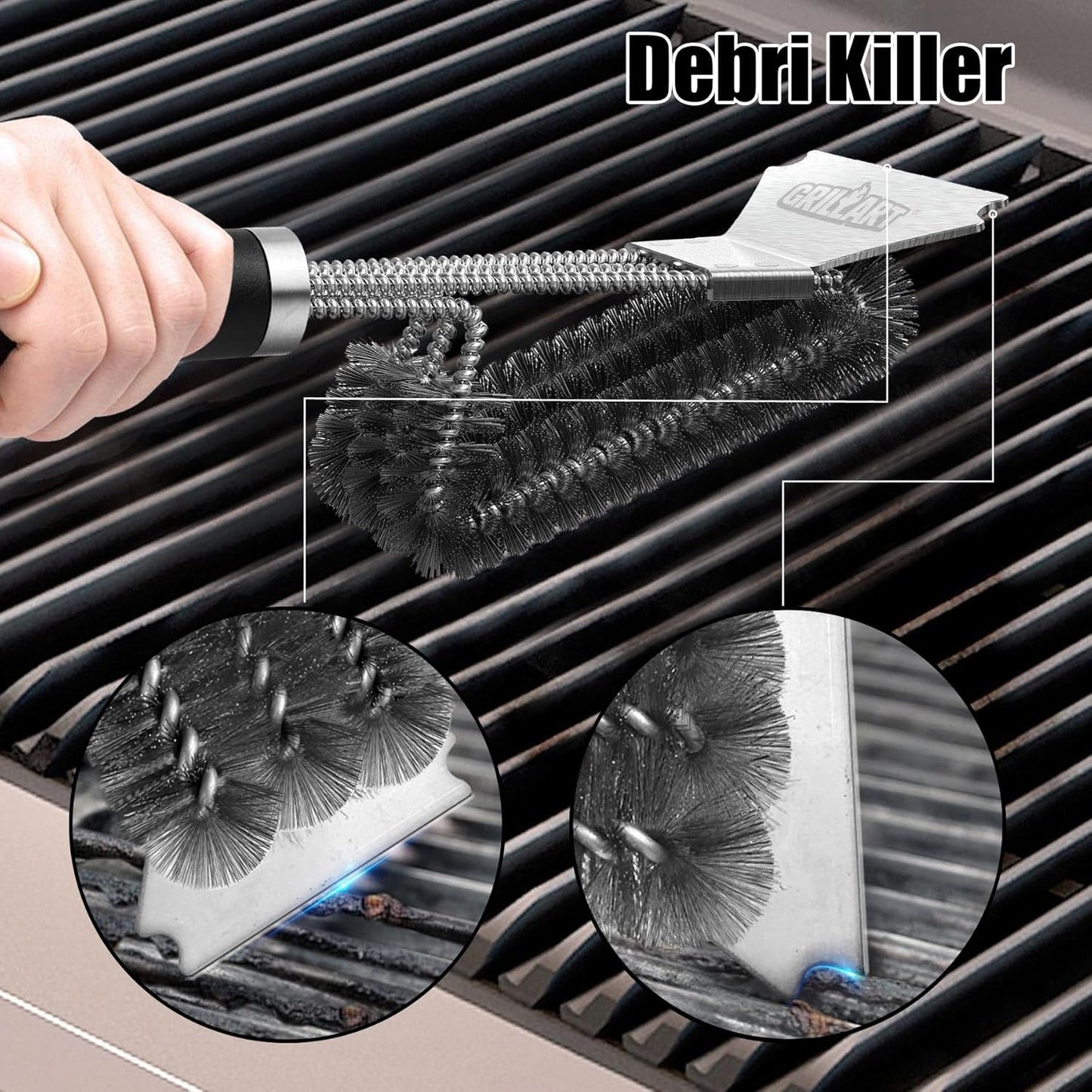 GRILLART Grill Brush and Scraper Tightly-Woven 3 in 1 Wire Bristles, Safe 18” Long Handle Heavy-Duty Stainless Cleaning Tool, Outdoor Grill Barbecue Cleaner BBQ Accessories, Gifts for Men Dad, BR-4516