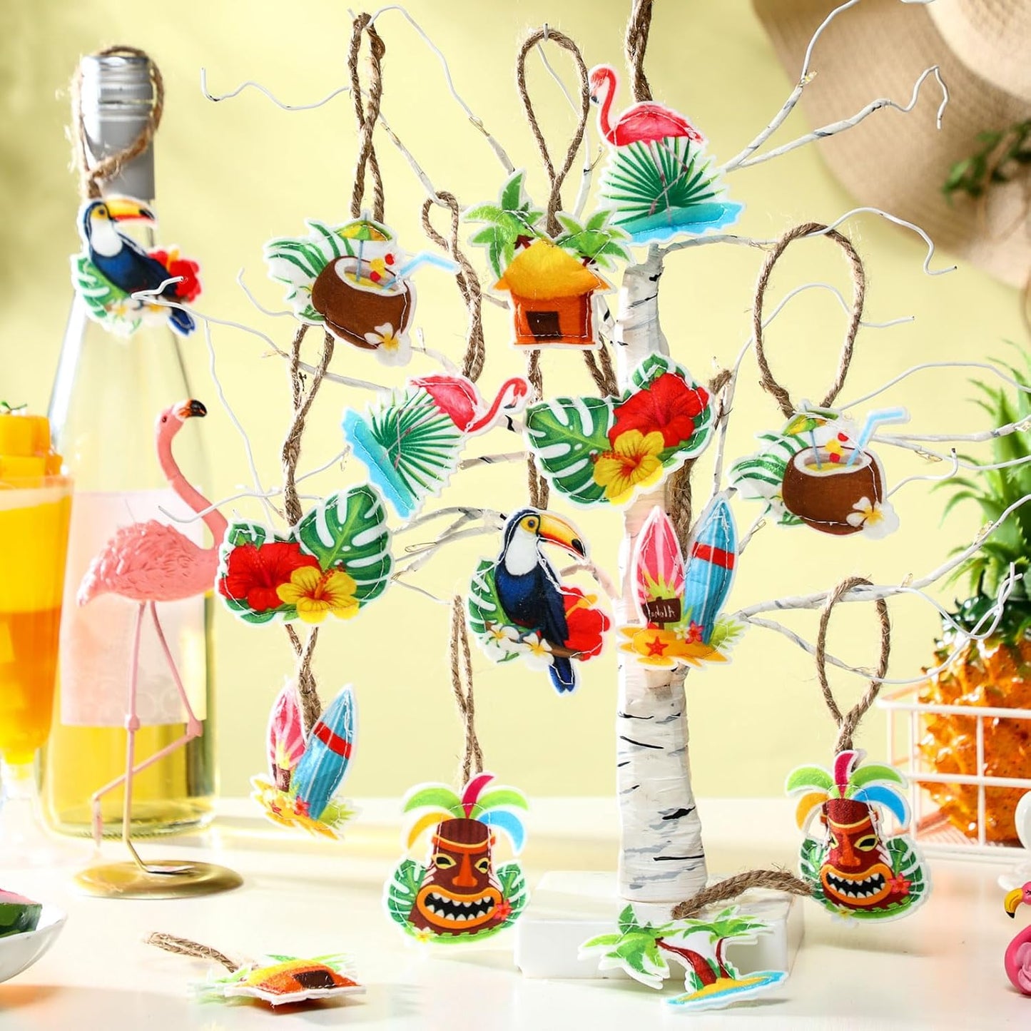 24 Pcs Summer Tree Decorations Felt Hanging Ornaments Hawaiian Luau Party Hanging Decorations Tropical Palm Flamingo Sign for Floral Tropical Summer Beach Pool Birthday Party Supplies