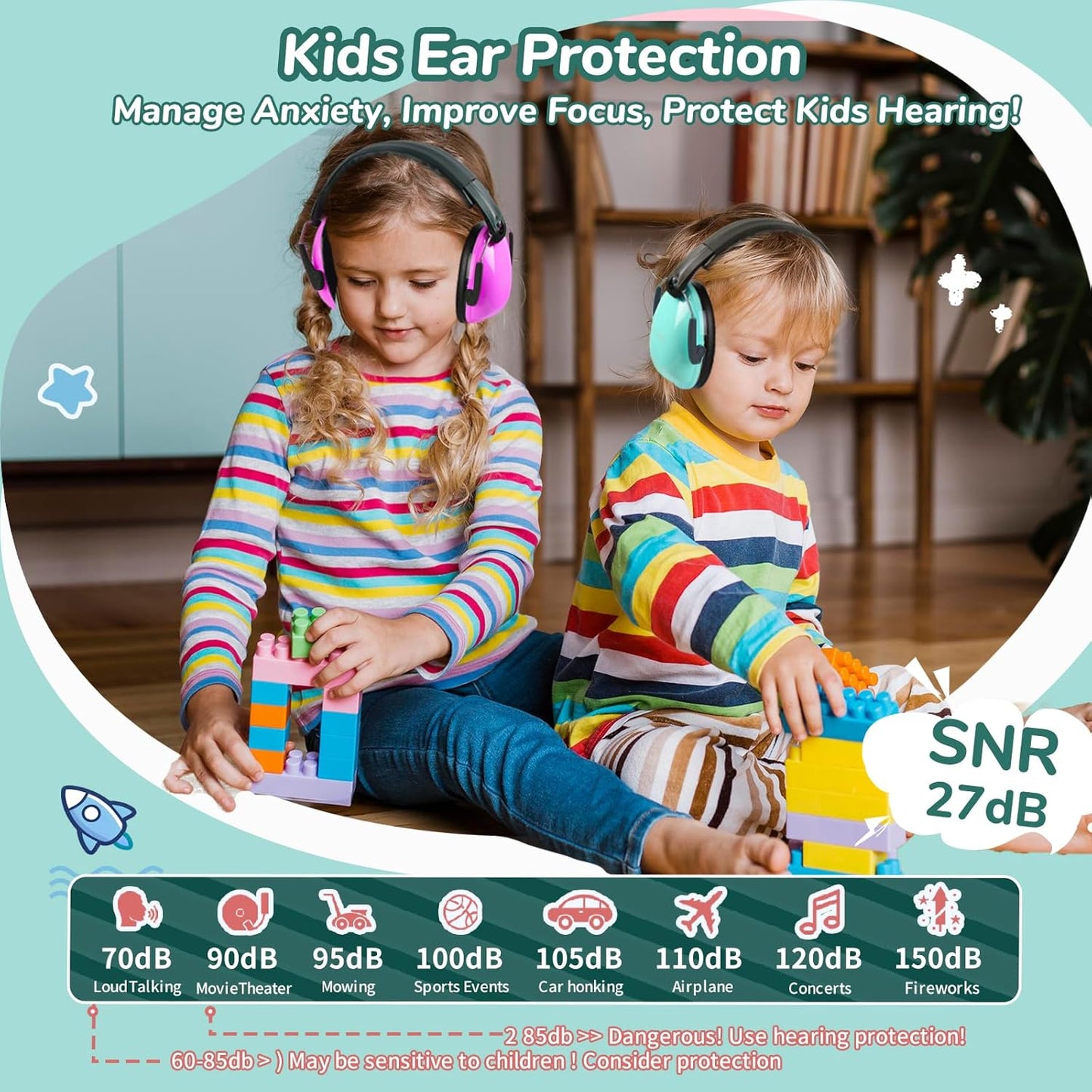 MelonArt Kids Ear Protection Earmuff Headphones for Noise Reduction (Mint & Pink & Orange)