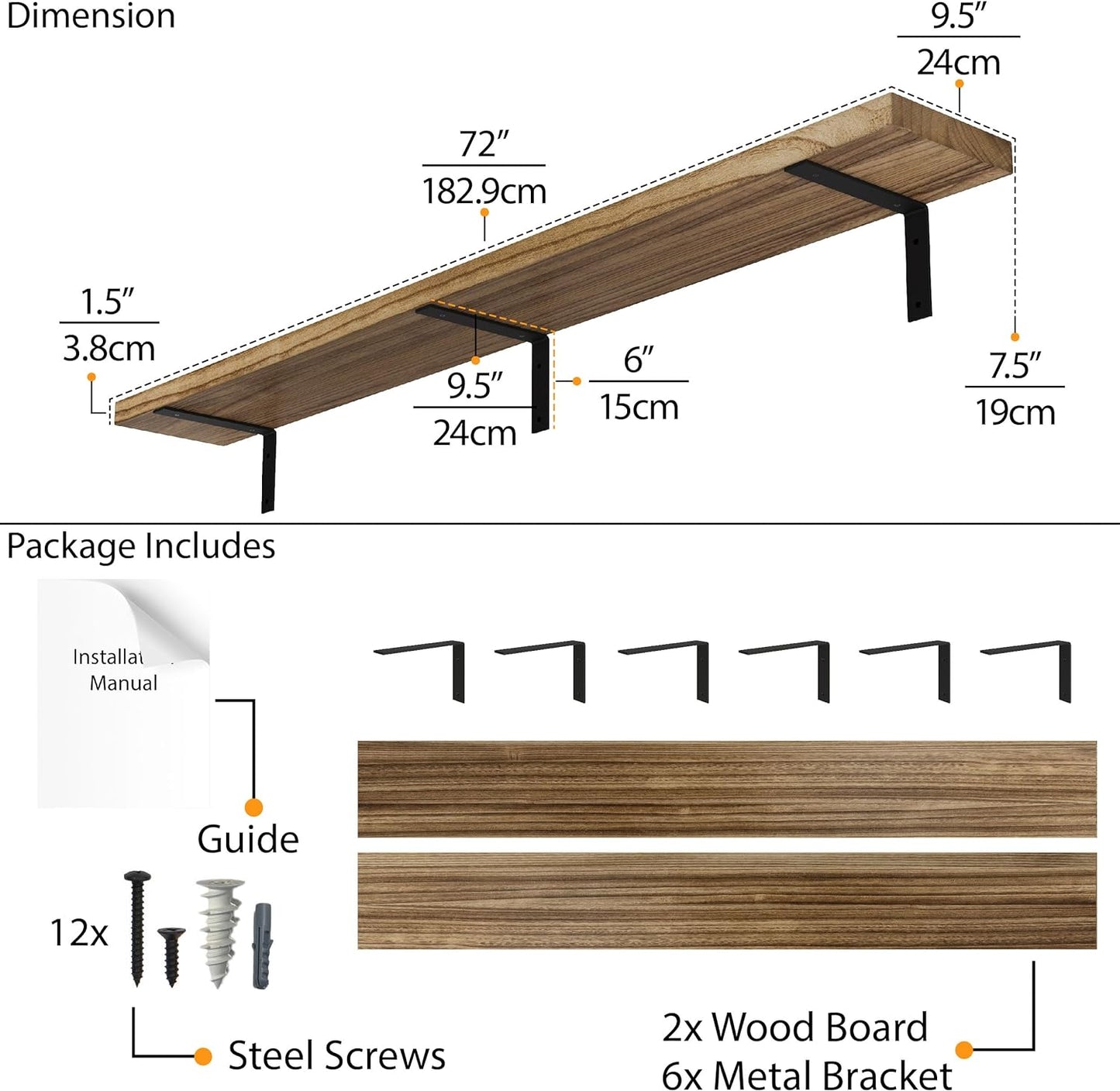 NEW - Wallniture Cervo 72"x9.5" Floating Shelves for Wall, Living Room Wall Book Shelf, Floating Shelf with Metal Heavy Duty Brackets, Wall Shelf for Kitchen, Wood Wall Shelves, Burnt Set of 2 - Retail $159