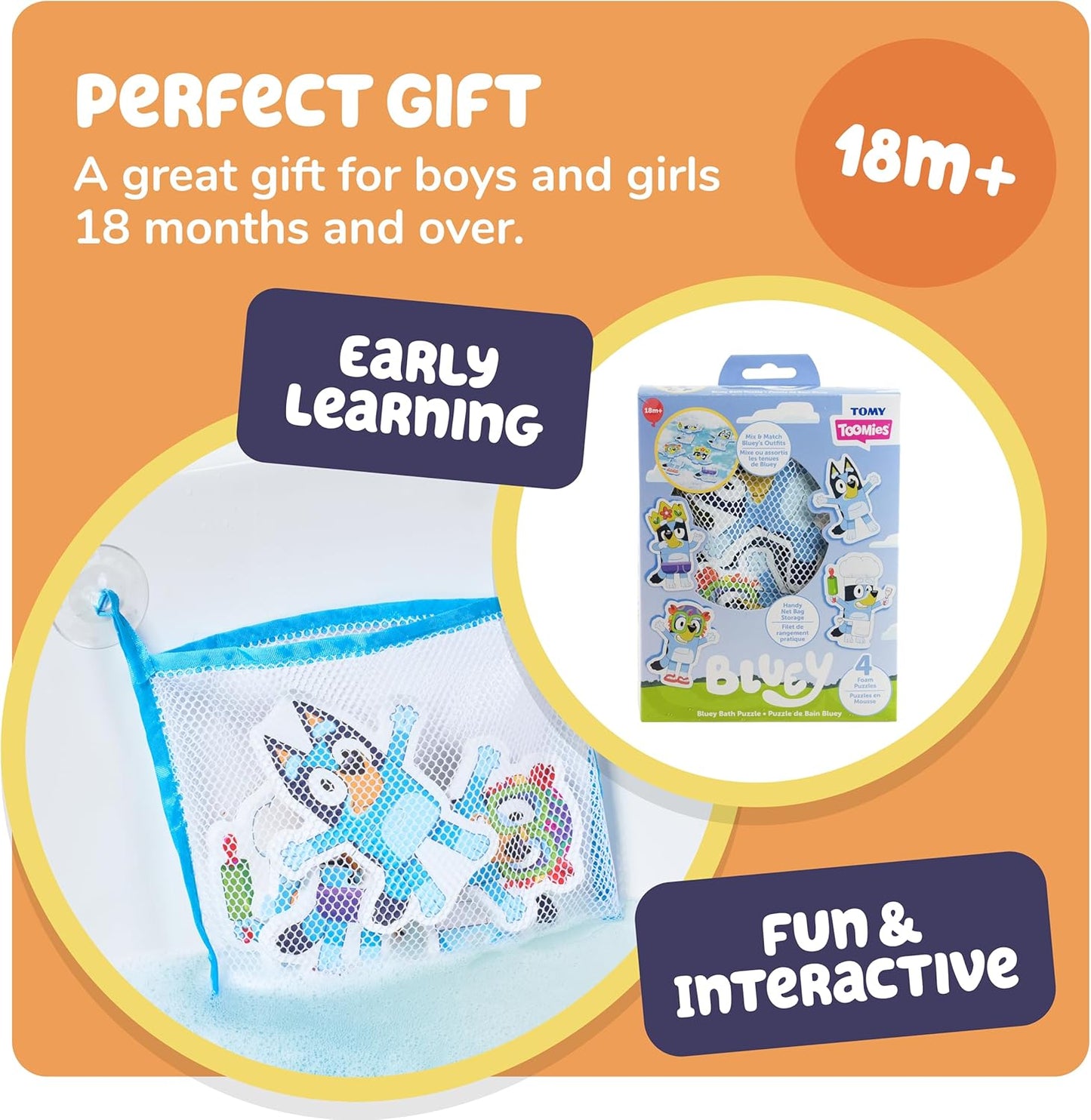 Tomy Toomies Bluey Bath Puzzle - Mix and Match Bluey Puzzle - Foam Toddler Bath Toys - Includes Mesh Bag Bath Toy Storage with Suction Cups - 8 Count - 18 Months and Up