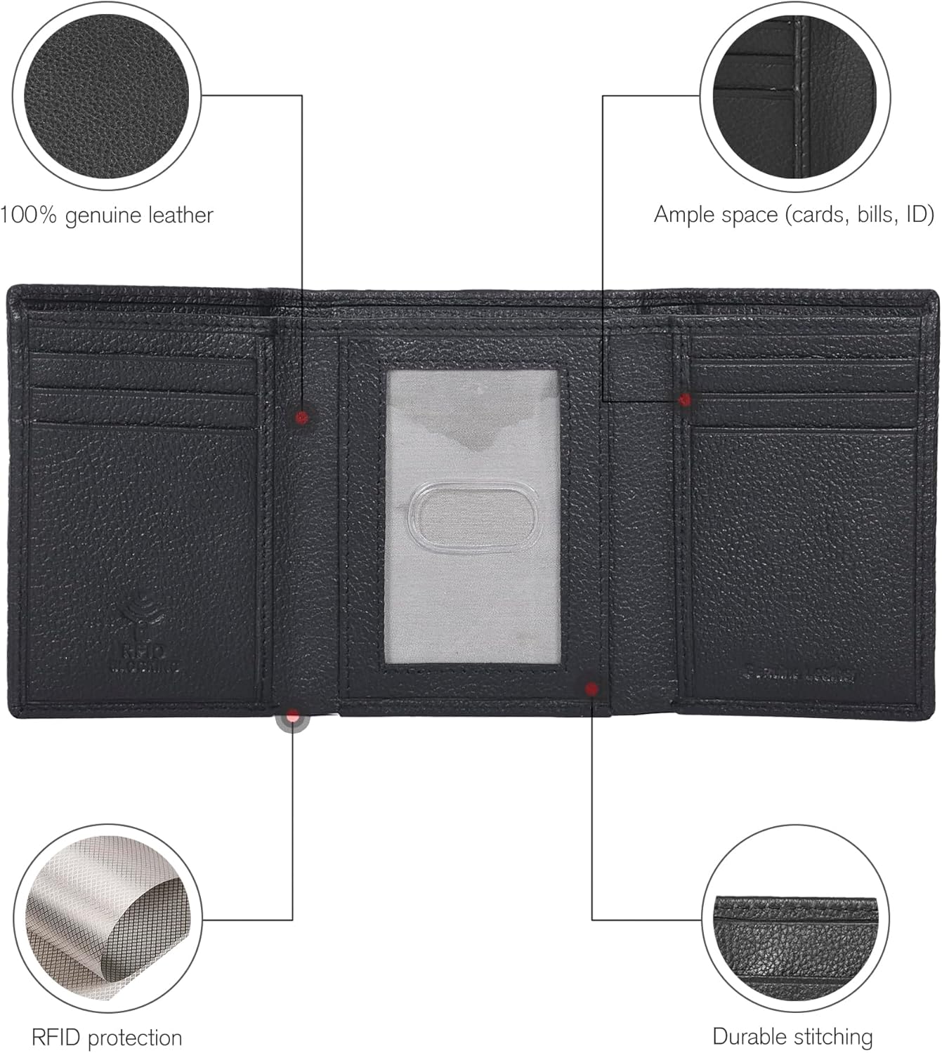 ESTALON Leather Trifold Wallet For Men - RFID Blocking - 6 Card Slots, 2 Slip Pockets & 1 Front ID Window - Minimalist Design, Slim Wallet