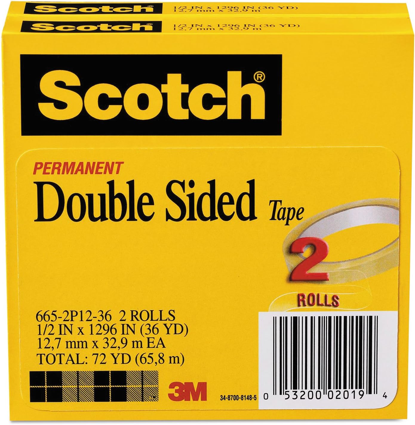 665 Double-Sided Tape.5 X 1296, 3" core, Transparent, 2 Rls