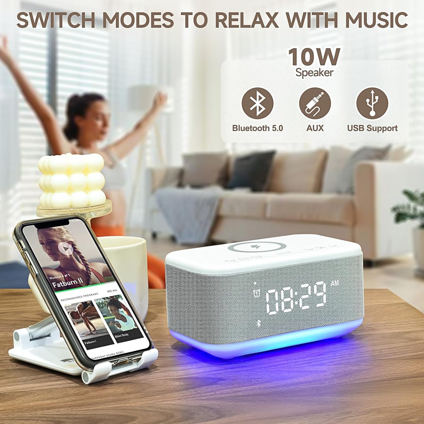 Alarm Clock Speaker Wireless Charger, Digital Alarm Clocks Bedrooms Bluetooth, Alarm Clock Dimmable Light Bedrooms Dual Alarm Snooze Dimmer 12 24H RGB Night Light Bluetooth USB AUX, White