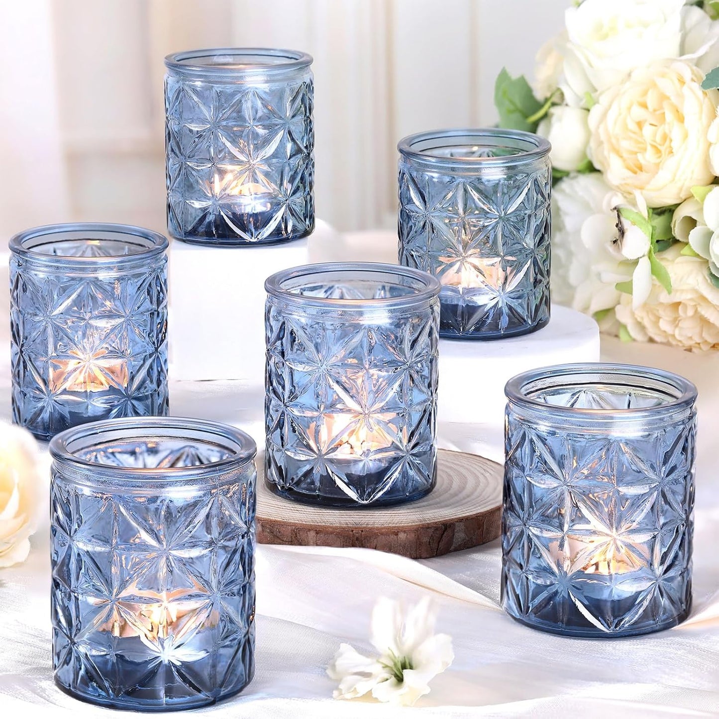 12 Pack Blue Votive Candle Holders,Vintage Blue Candle Holders