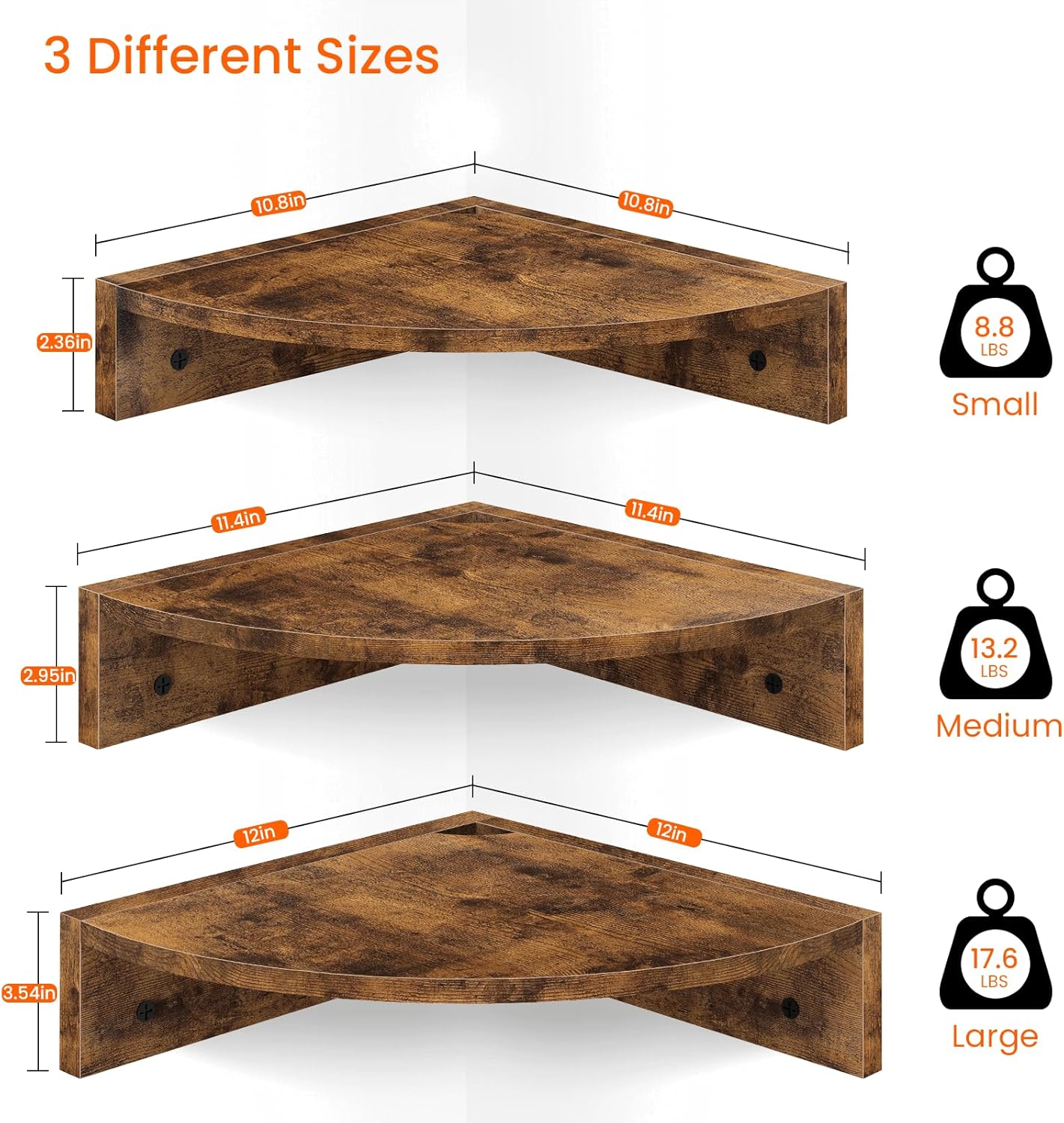 Homode Corner Floating Shelves, Set of 3 Corner Wall Shelves for Storage and Display, 3 Tier Wood Hanging Shelf Organizer for Cable Box, for Bedroom, Bathroom, Kitchen, Rustic Grey