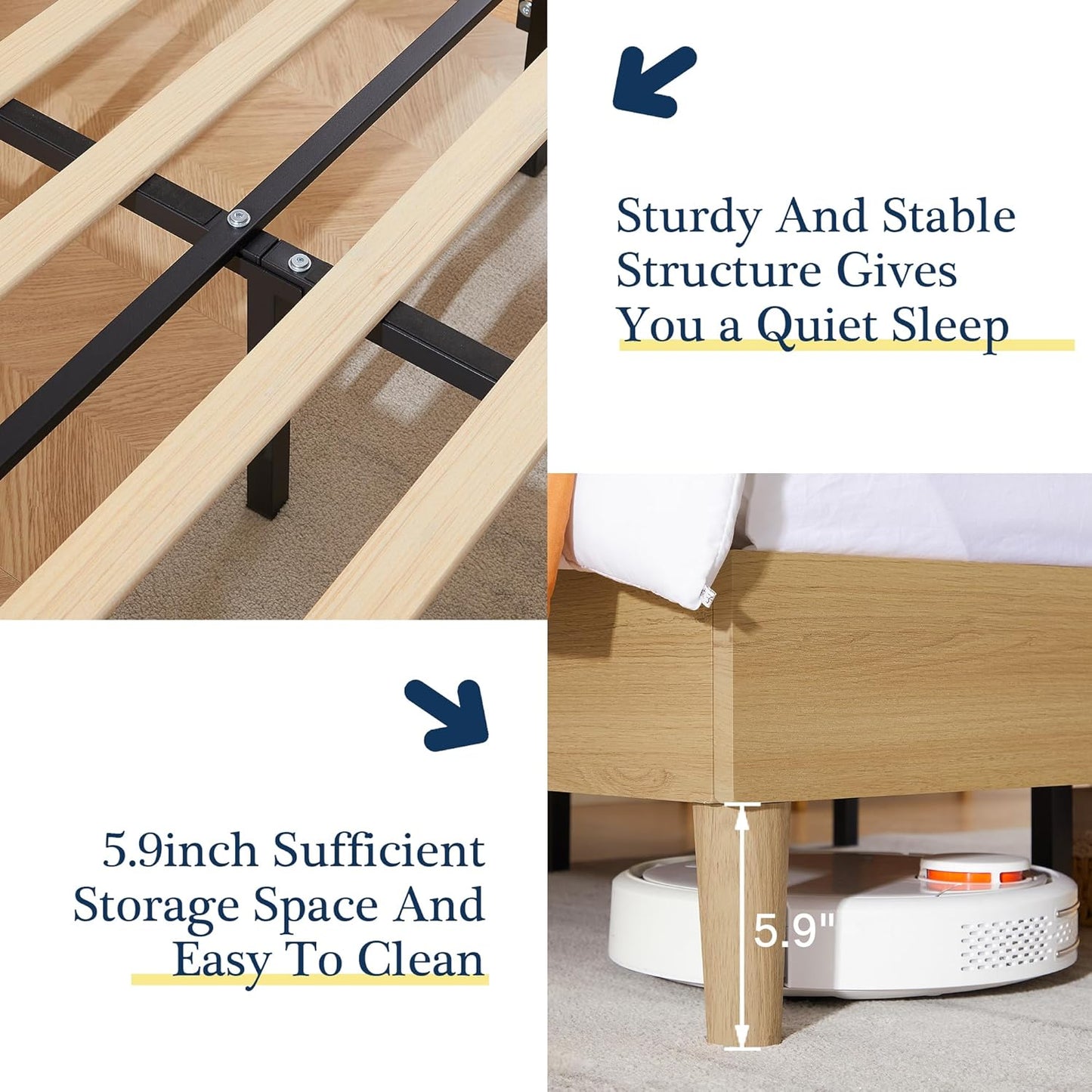 NEW - VECELO QUEEN Bed Frame Upholstered Platform Beds with Height-Adjustable Cotton and Linen Headboard, Heavy Duty Wood Slats, 6" Under-Bed Space, Noise-Free, No Box Spring Needed,Easy Assembly