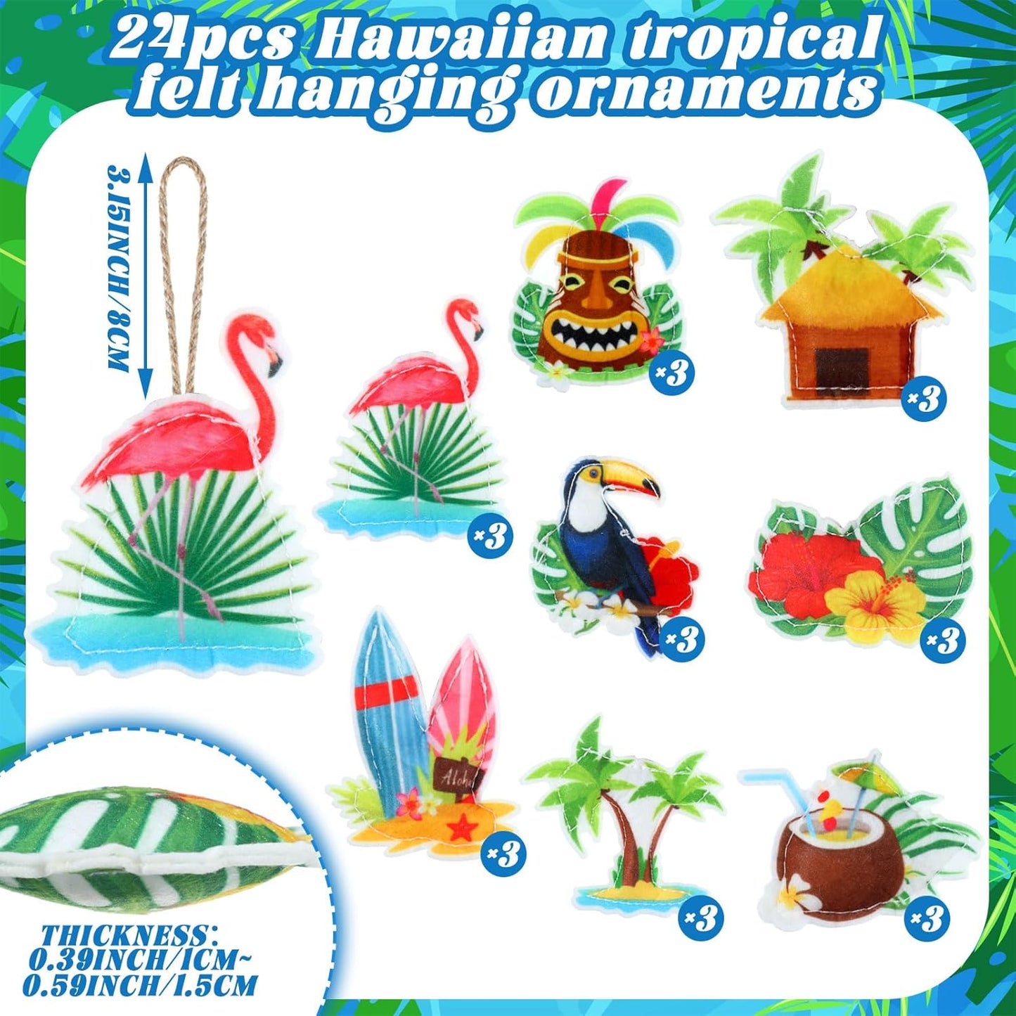 24 Pcs Summer Tree Decorations Felt Hanging Ornaments Hawaiian Luau Party Hanging Decorations Tropical Palm Flamingo Sign for Floral Tropical Summer Beach Pool Birthday Party Supplies