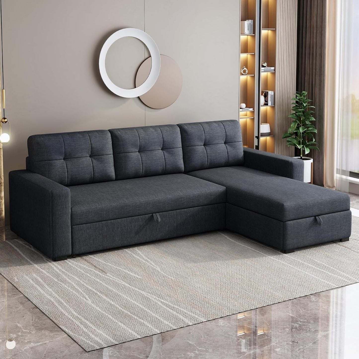 NEW - ACQCA Dark Grey 81.in Sectional Sleeper Sofa with Storage Chaise, L Shaped Pull Out Couch Bed with 3 Removable Back Cushion for Living Room,Apartment,Office,Dark Grey - Retail $443