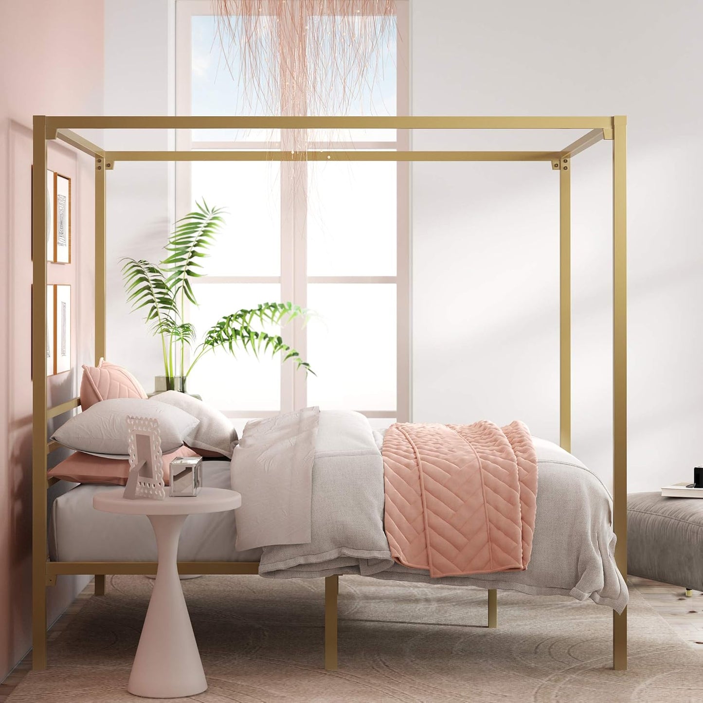 Zinus Patricia Gold Metal Canopy Platform Bed Frame, Mattress Foundation with Steel Slat Support, Queen