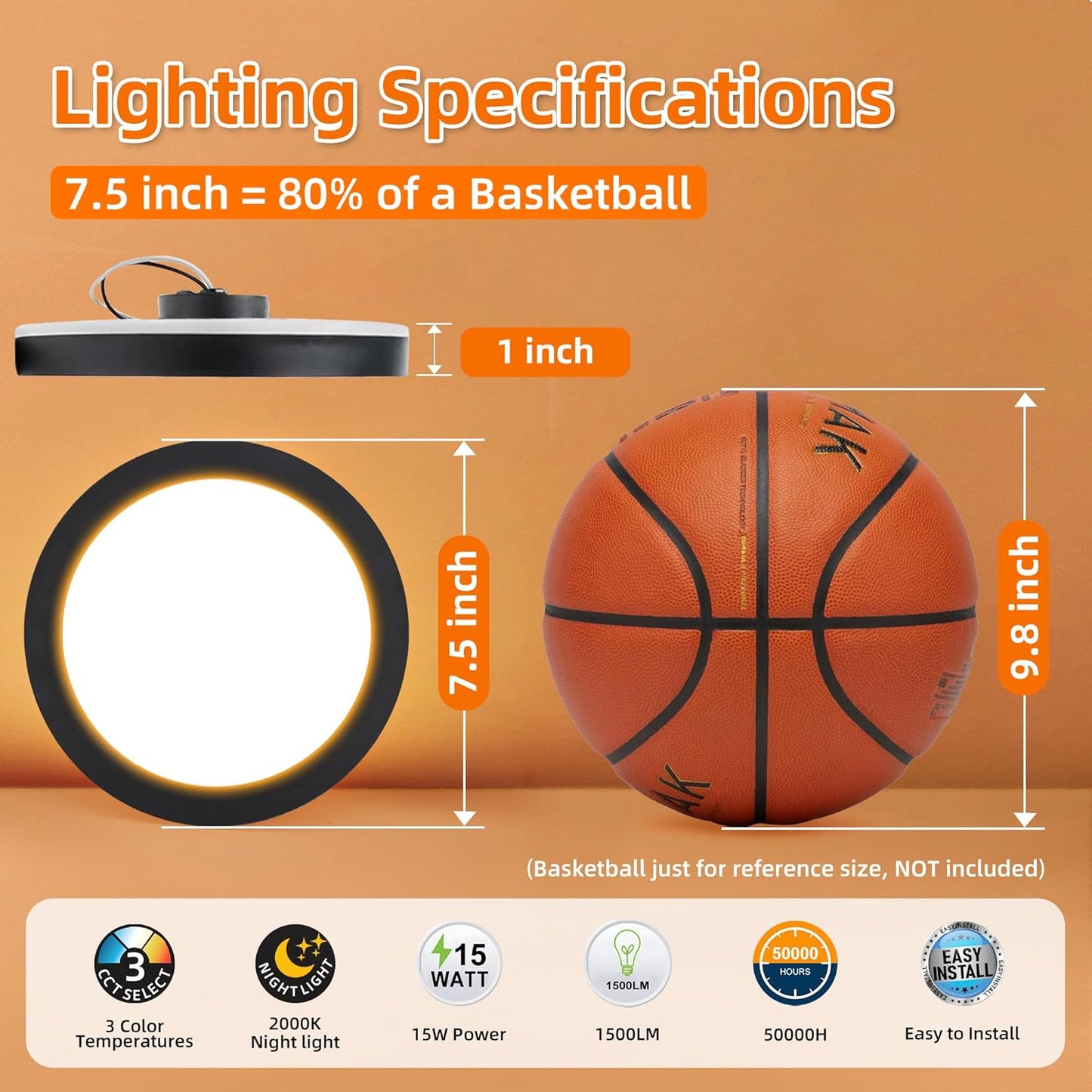 Hlite 7.5 Inch Flush Mount LED Ceiling Light with Night Light, CRI90, 15W, 1500 LM, 3000K/4000K/5000K Selectable, Flat Round LED Ceiling Light, Dimmable Bedroom Lights for Ceiling, Black(1Pack)