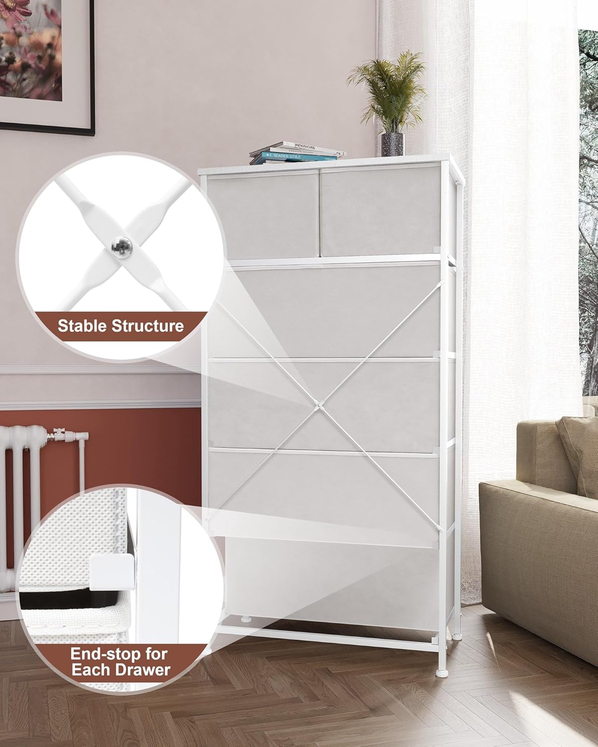 Crestlive Products Tall Dresser for Bedroom Vertical Skinny Dresser - Sturdy Steel Frame, Wood Top, Easy Pull Fabric Bins- Organizer Unit for Bedroom, Entryway, Closets - 6 Drawers (White)