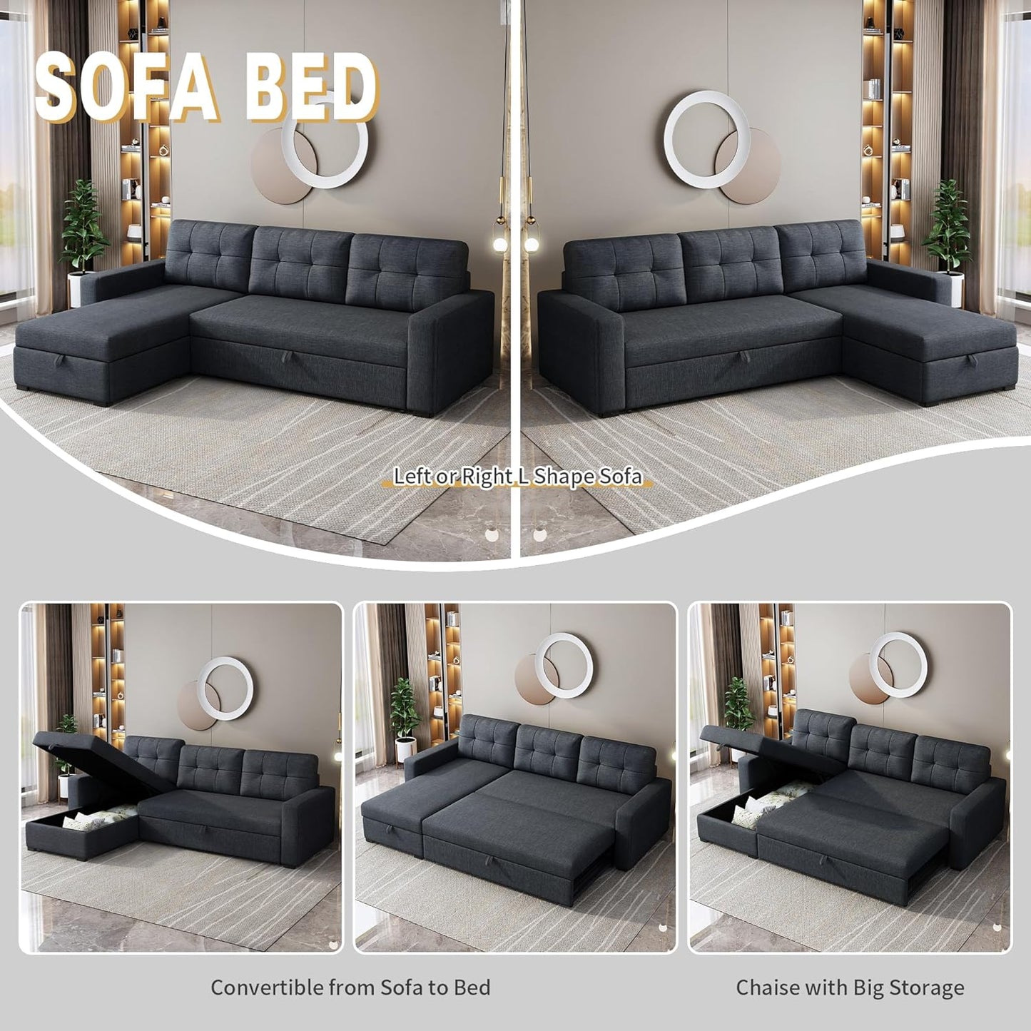 NEW - ACQCA Dark Grey 81.in Sectional Sleeper Sofa with Storage Chaise, L Shaped Pull Out Couch Bed with 3 Removable Back Cushion for Living Room,Apartment,Office,Dark Grey - Retail $443