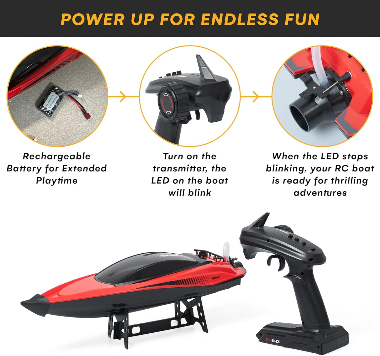 Top Race High-Speed Plastic RC Boat - Rechargeable Battery - 100 M Range - Jet Motor - Low Resistance Hull - Mini RC - Red