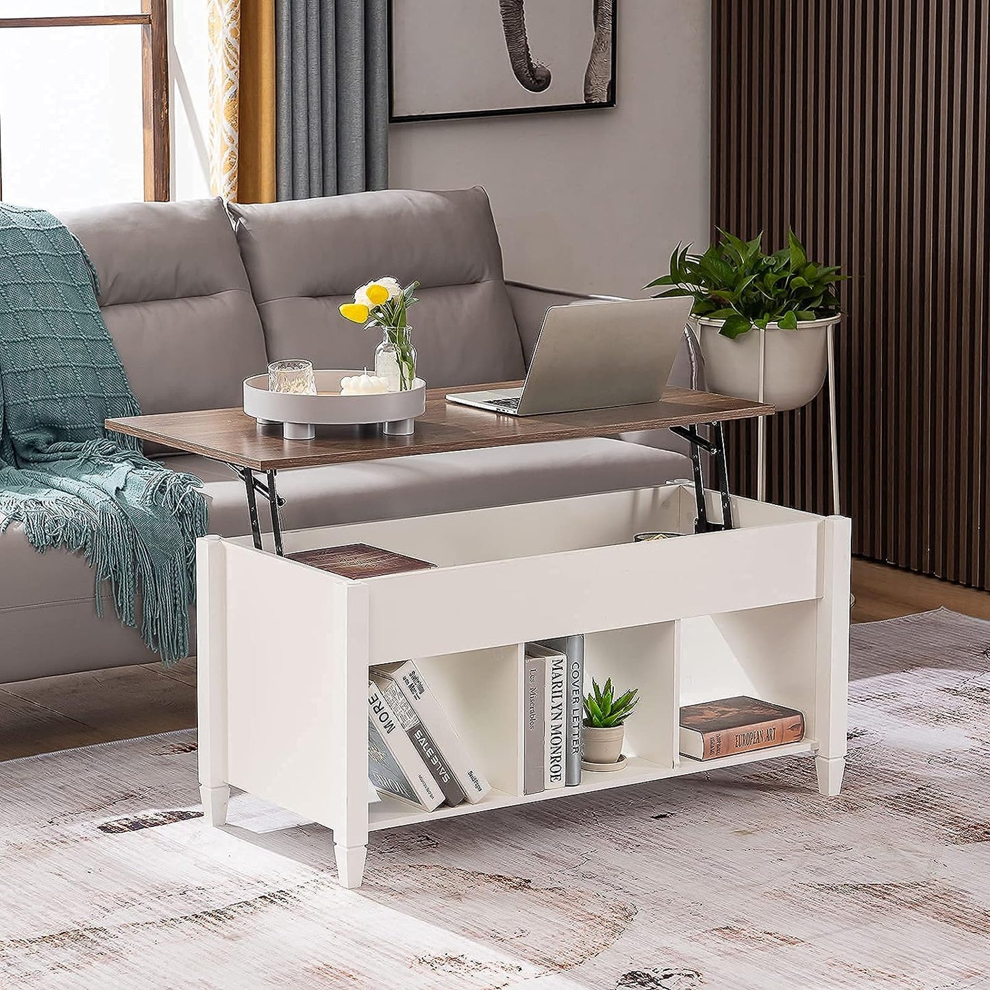 NEW - VINGLI Lift Top Coffee Table, White, with Storage Shelf/Hidden Compartment, Gas Lift Mesa De Centro para Sala Pop Up Coffee Table - Retail $135