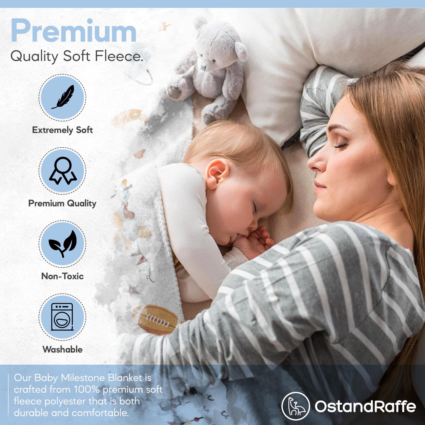 OSTANDRAFFE Monthly Milestone Blanket for Baby, Premium Soft Fleece Blanket, First 12 Months Growth Chart, Large Size 60" x 40", 16 Milestone Stickers