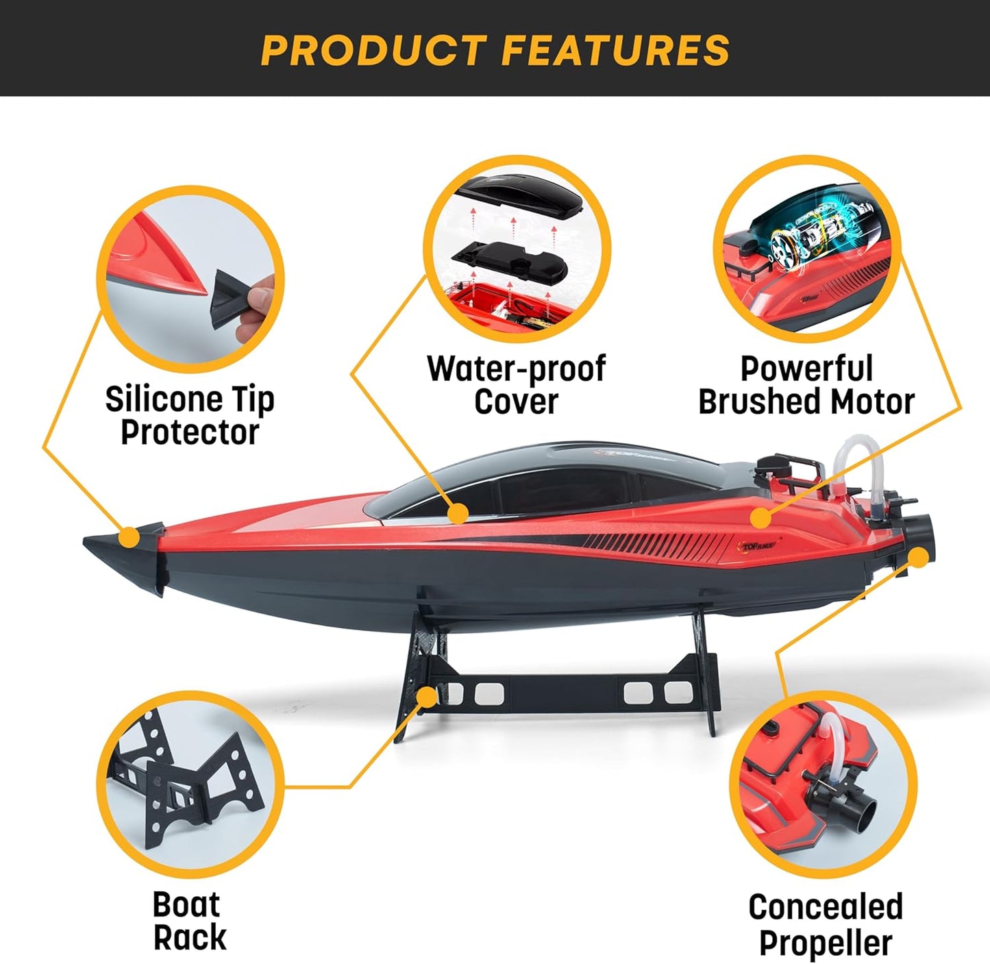 Top Race High-Speed Plastic RC Boat - Rechargeable Battery - 100 M Range - Jet Motor - Low Resistance Hull - Mini RC - Red