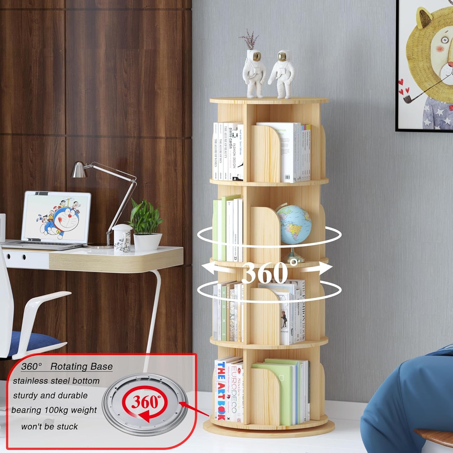 Rotating Bookshelf, 360 Display Corner Bookshelf for Small Space, 4Tier Floor Standing Bookcase Storage Rack, Wood Narrow Organizer for Bedroom, Living Room, Study Room, Kids&Adults Solid - Retail $90