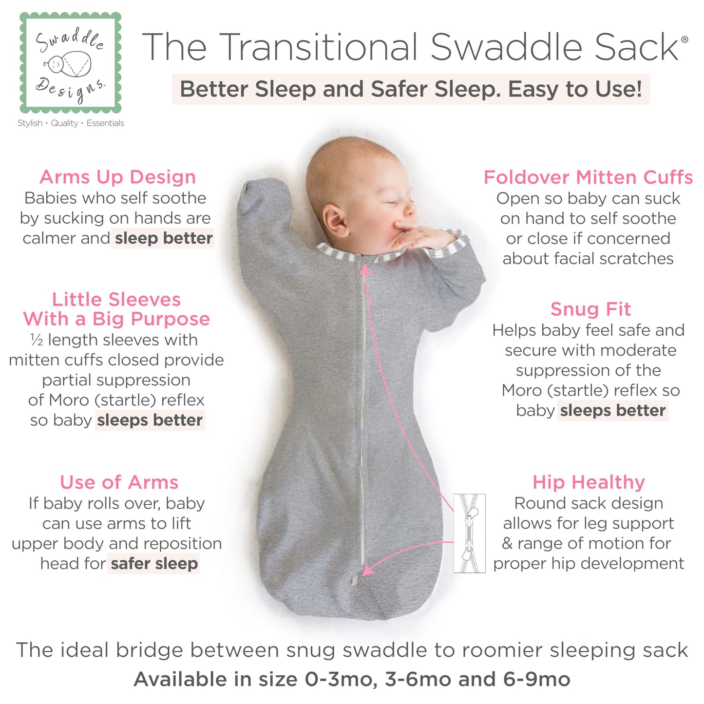 SwaddleDesigns Transitional Swaddle Sack, Arms Up Half-Length Sleeves & Mitten Cuffs, Swaddle for Newborn Transition to Baby Sleep Sack Wearable Blanket, 6-9 Month, 21-24 lb, Gray with Striped Trim