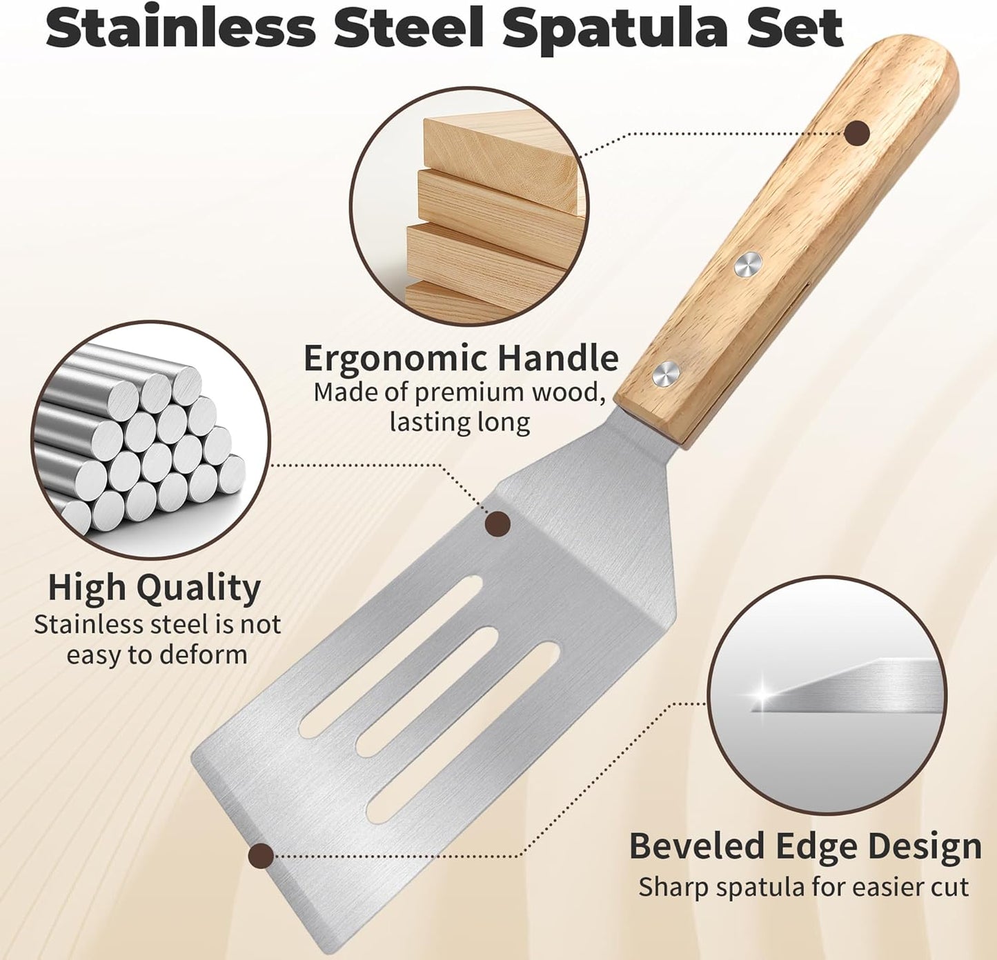 3 Pieces Stainless Steel Spatula Set, Metal Spatula for Cooking with Wooden Handle, Metal Spatulas for kitchen use