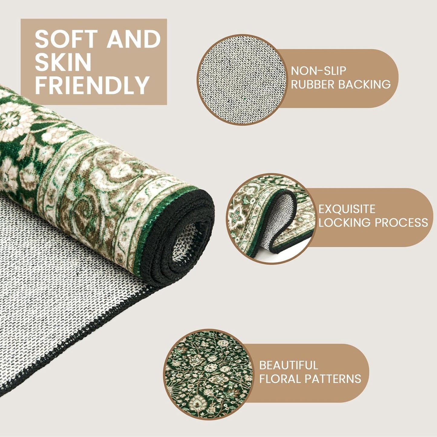 Area Rug 6x9 Washable Living Room Rug, Vintage Soft Boho Non-Slip/Non-Shedding Print Floor Carpet for Dining Room, Bedroom-Cyan